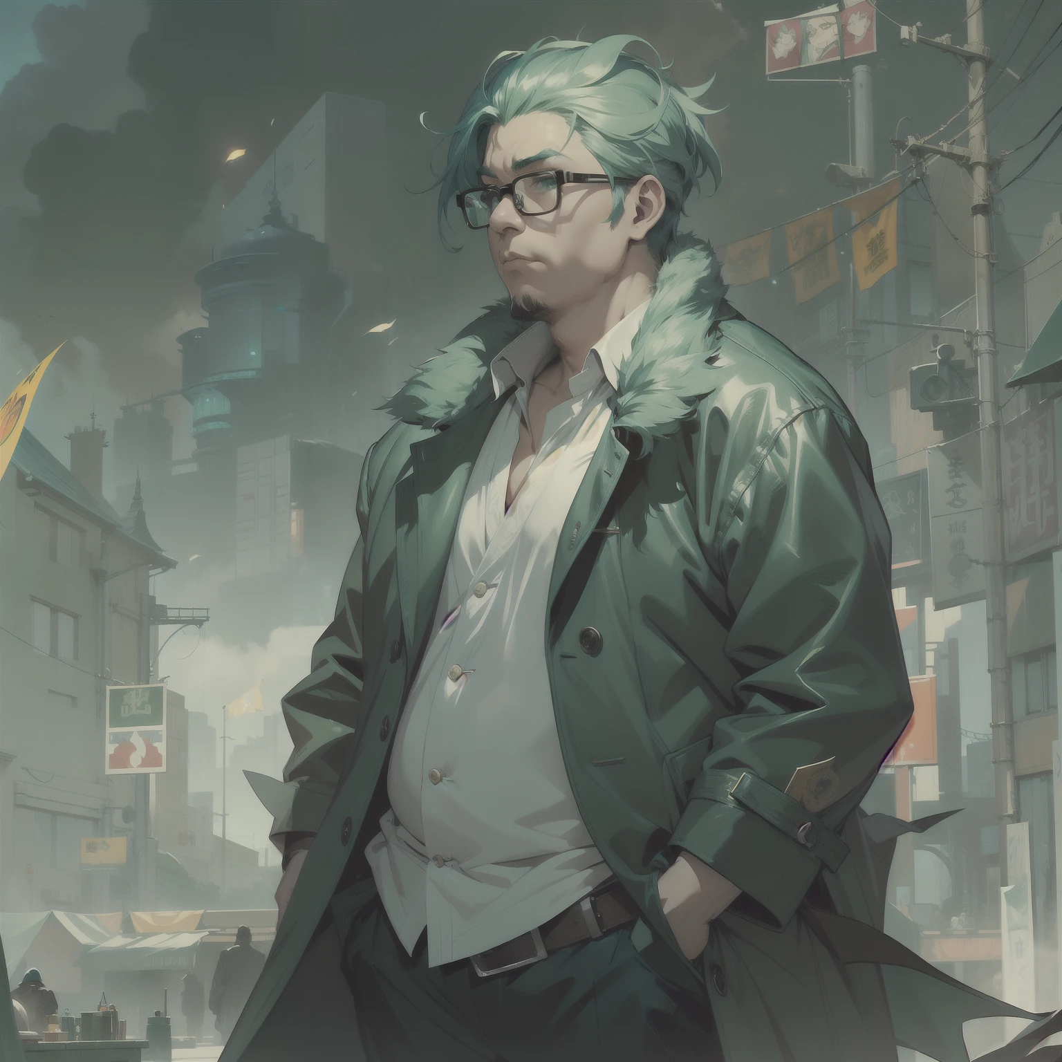 (masterpiece、top-quality)、Fat man with green hair and glasses、Wearing an overcoat、Character Painting、guweiz、Artwork in the style of Gwise、、epic exquisite character art、Stunning character art、Guweiz on the Pixiv art station