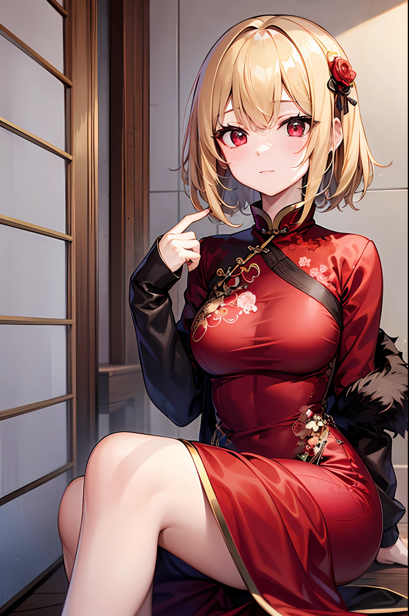 One blonde girl、red eyes、qipao dress