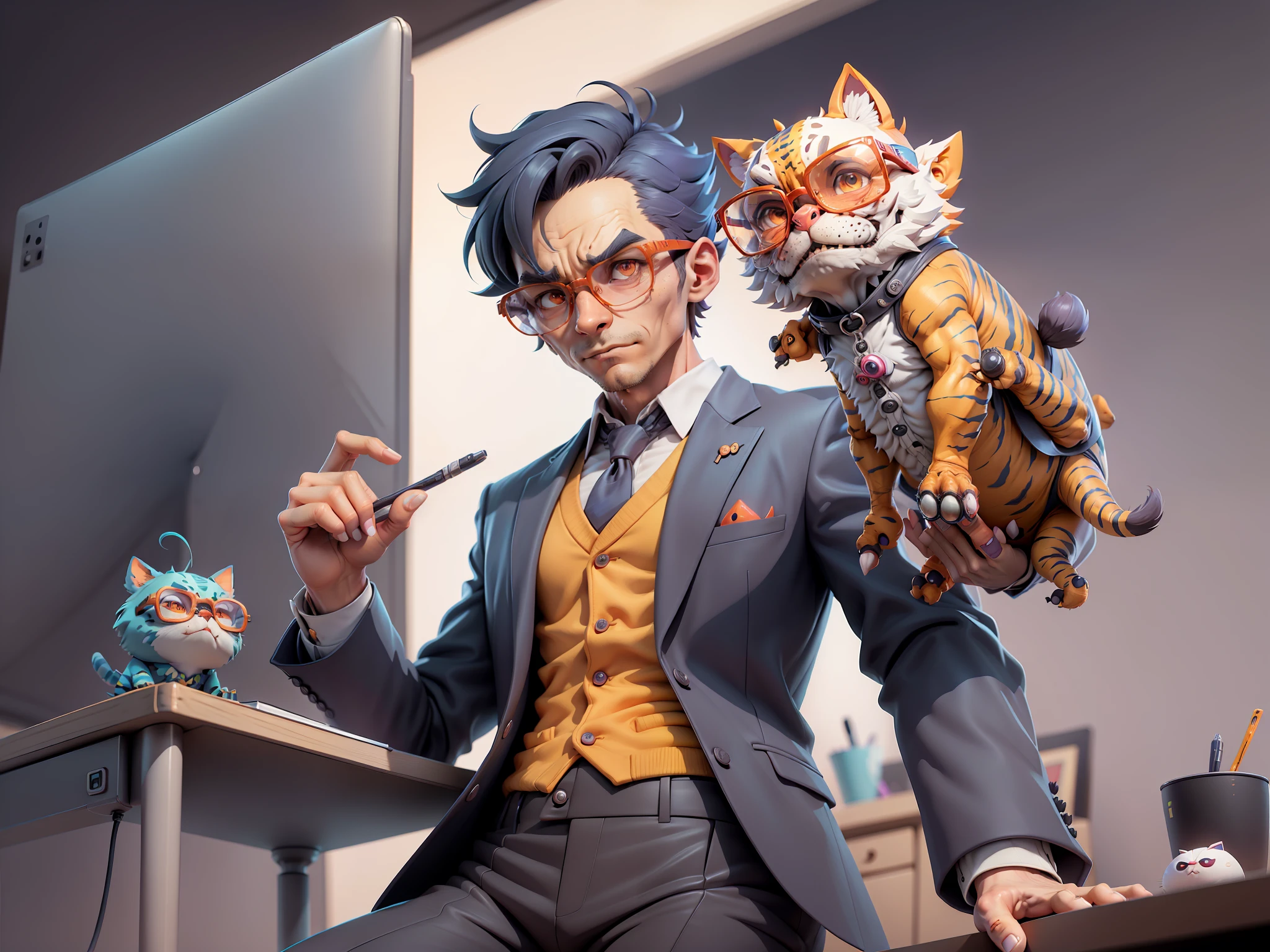 A young man in a suit and pants, Short hair and glasses sat at his desk，holding laptop，digitial painting，tigre，3D character design by Mark Clairen and Pixar and Hayao Miyazaki and Akira Toriyama，4K HD illustration，Very detailed facial features and cartoon-style visuals。
