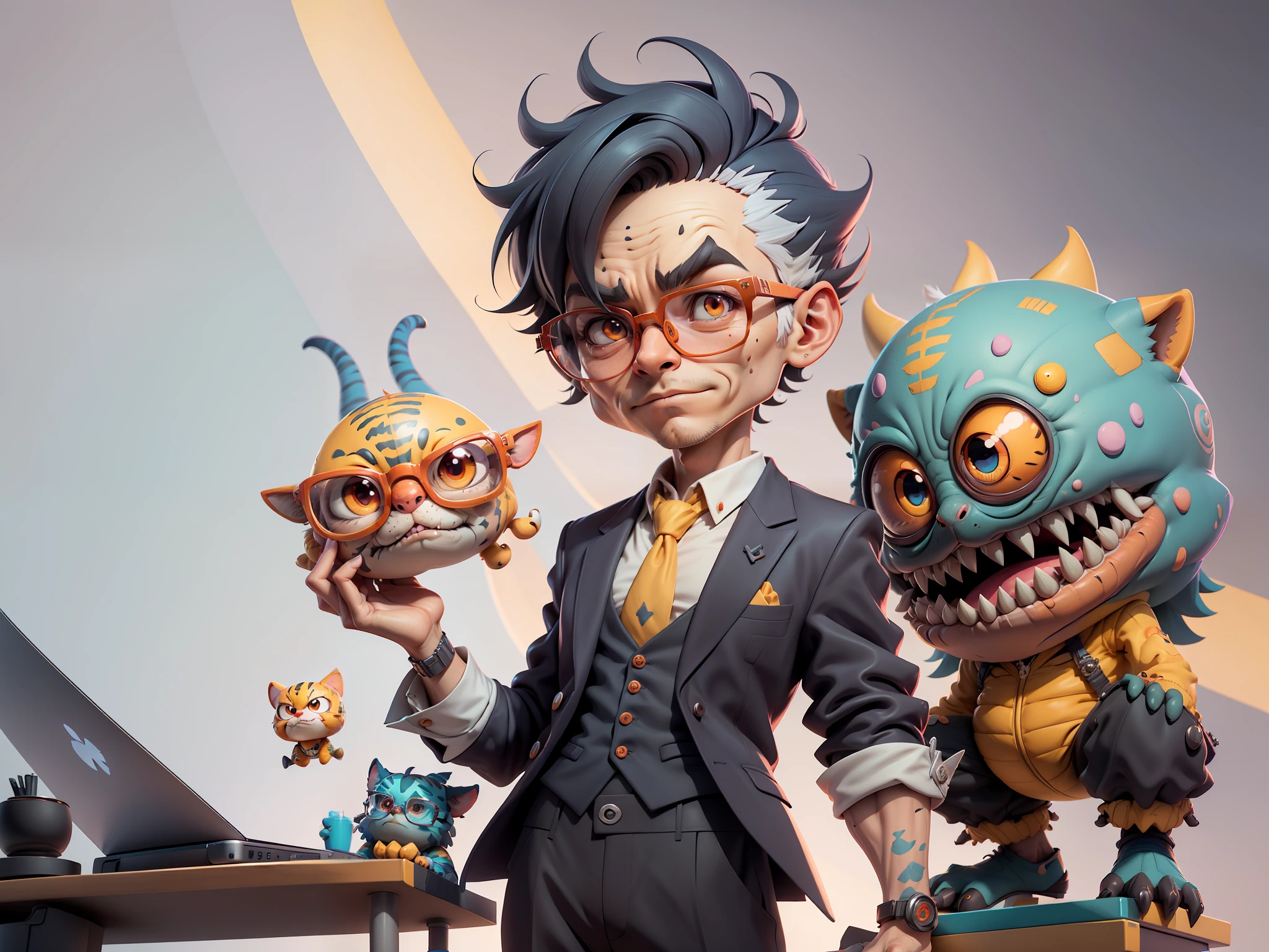A young man in a suit and pants, Short hair and glasses sat at his desk,holding laptop,digitial painting,tigre,3D character design by Mark Clairen and Pixar and Hayao Miyazaki and Akira Toriyama,4K HD illustration,Very detailed facial features and cartoon-style visuals。
