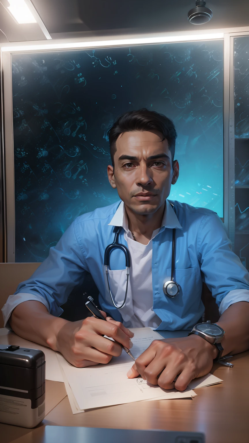 "Enhance face of the doctor and change the background."
