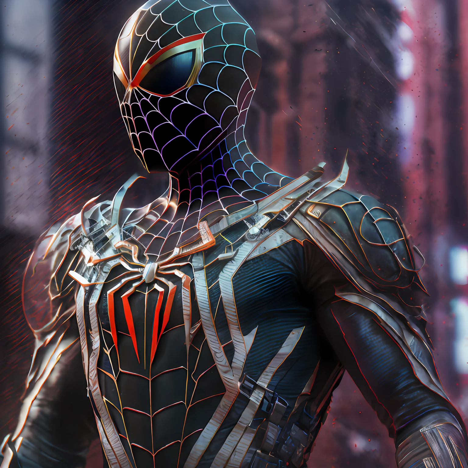 8K level quality，Hyper-details in cybernetic and complex armor，As Spider-Man，Black and red color scheme，whiteeyes，a 3D render，Equipped with armor plates、hdr、subsurfacescattering、Specular Light、A high resolution、rendering by octane、Ray traching，spider in the center of your chest in white， Organic-looking clothes， Sticky testicles， fine art， PS5 movie screenshot， Highly detailed detailed movie rendering， ultra photorealistic raytricing， Pose with movie lighting，urban backdrop，The character is centered，hyper-high detail，Clothing texture