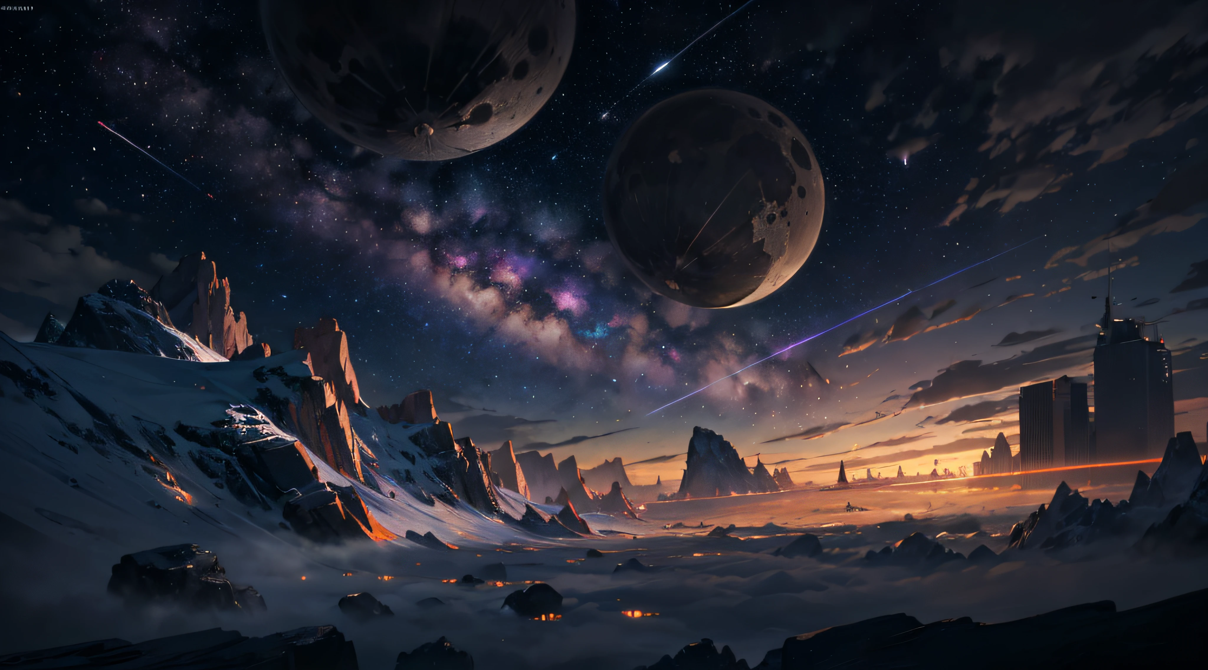 Expansive landscape photograph,(moon full:1.2),(meteors:0.9),(Starcloud:1.3),(Warm light source:1.2),(glowworm:1.2),lamp lights,Lots of purple and orange,Complicated details,Volumetriclighting,Realism BREAK(tmasterpiece:1.2),(best qualtiy),8K,Ultra-detailed,(dynamic compositions:1.4),The is very detailed,Colorful details,(Irridescent color:1.2),(luminouslighting,Atmospheric lighting),dream magical,magical,(独奏:1.2),((best qualtiy)), ((tmasterpiece)), (the detail:1.4),depth of fields,maximum definition and sharpness,perfectly proportions,Fluttering clouds,Wallpapers