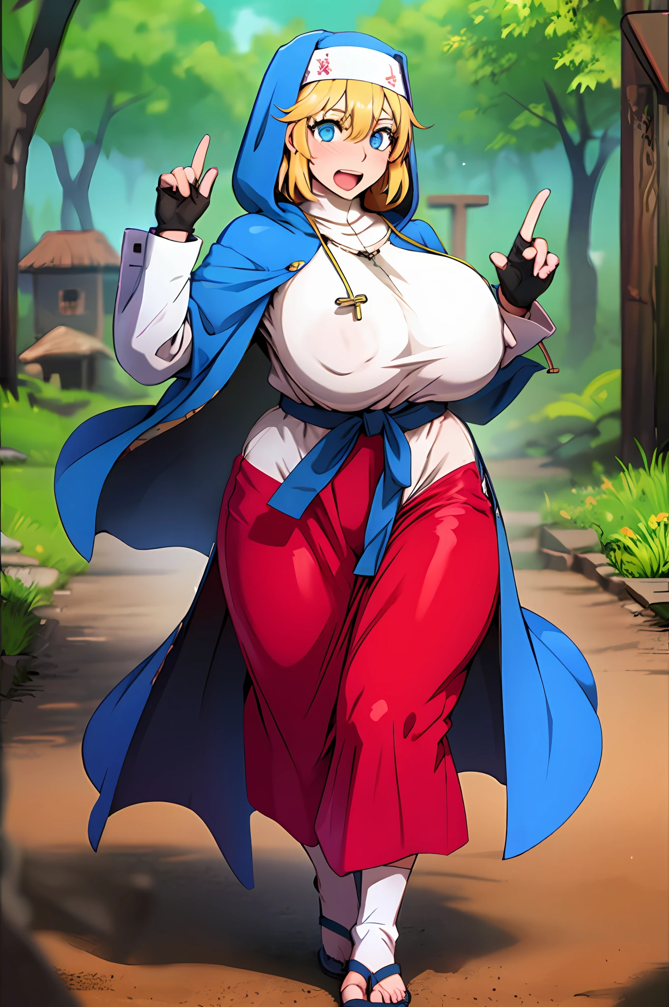 ull body,blonde hair,otoko no ko,female, focus,1girl,hood,solo,gloves,,smile,hair between eyes,blush,black gloves,skirt,open mouth,bangs,blue s,simple background,blue eyes,bridget girl,huge breast, curvy, medieval cloths, priestess, nun, full body, walking, flip flops, village, forest, long skirt, pants