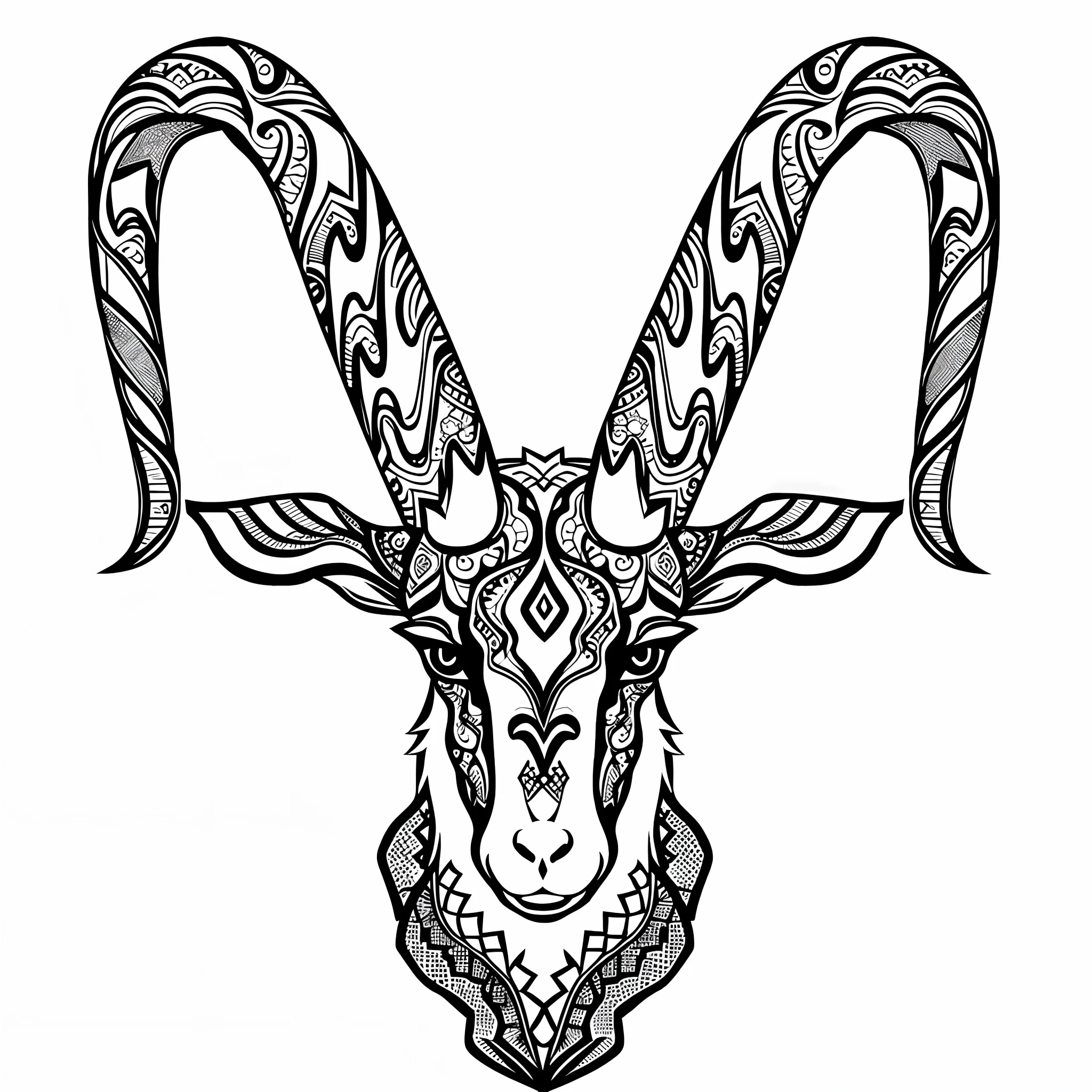 A black and white drawing of a goat with an intricate pattern, line art illustration