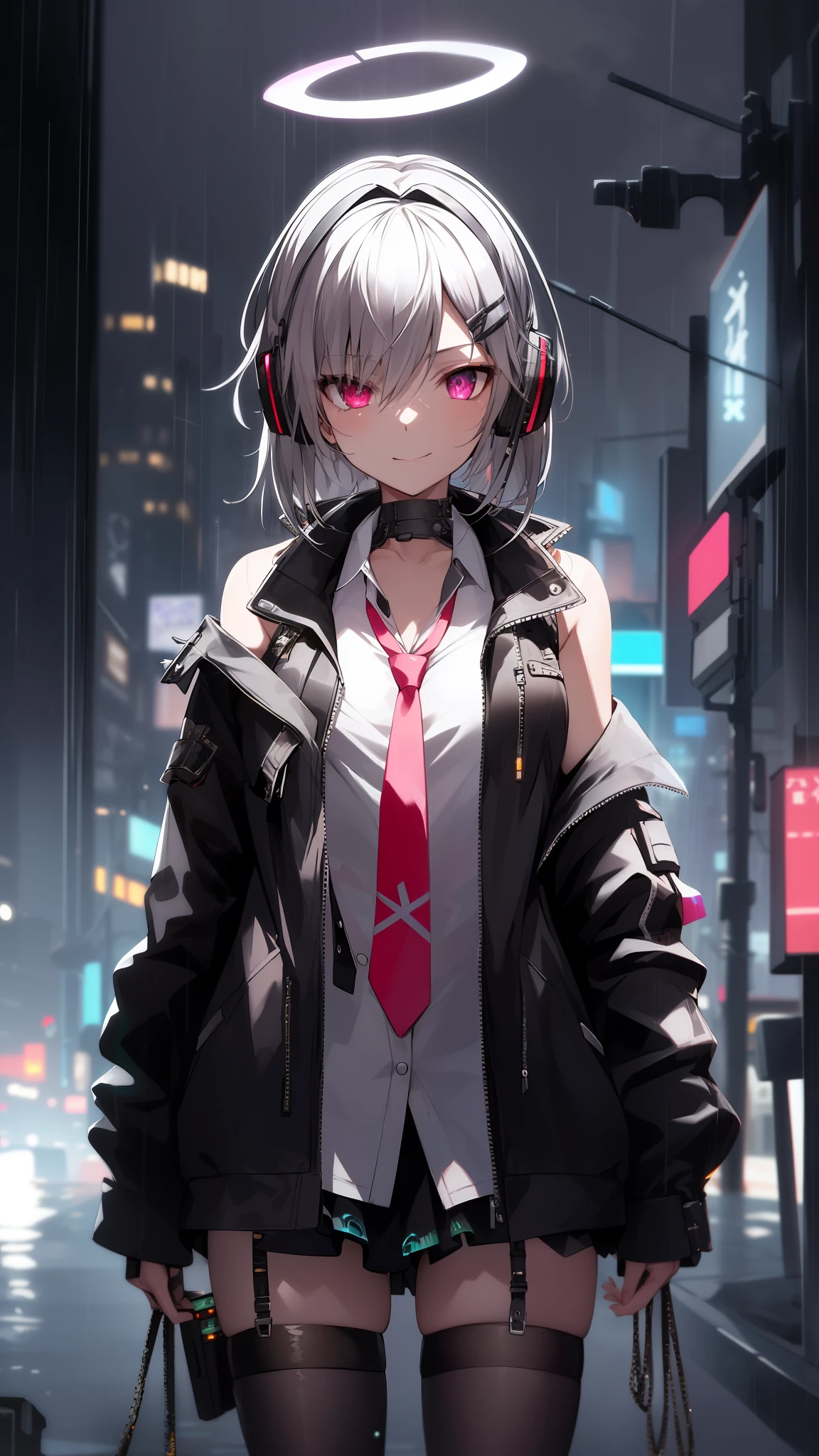 , chromatic aberration, depth of field, soft lighting, masterpiece, best quality, intricate, tone mapped, highly detailed, artstation, concept art, smooth, sharp focus, dramatic lighting, highly detailed artwork, cinematic, hyper realistic painting, trending on Artstation, 8K, incredible shadows, realistic, (highly detailed background:1.0), A highly detailed portrait of a solo 1girl standing on a street corner, during a rainstorm with lightning strikes and a cloudy sky, neon and cyberpunk background, she is wearing punk clothes with silver chains and silver spikes, she has a butterfly wing hairclip in her wild hair, she has headphones and a necktie on, petite, detailed glowing red eyes with distinct pupils, ominous aura Halo, smile, punk, cyberpunk, backlighting