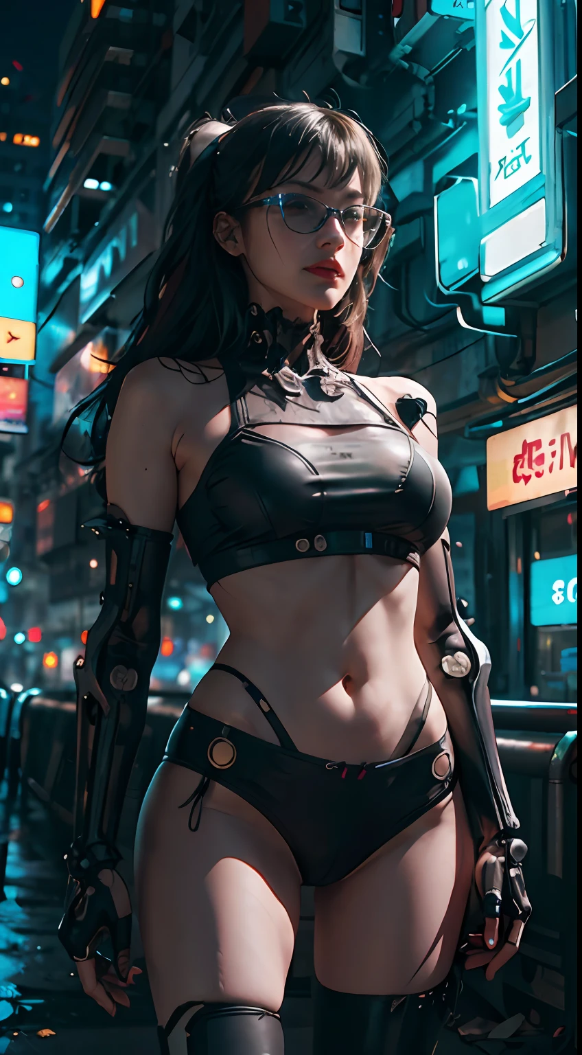 one-girl,wearing sexy,future-tech,mechanical prosthesis,Mechanical skeleton, natta, A ruined cyberpunk city, Neon billboard, Best picture quality, Highest clarity and clarity, ultra-realistic realism, high detal, afofuturism,lightand shade contrast, cinmatic lighting, Ray traching, reflective light, cowboy lens, f/4.0