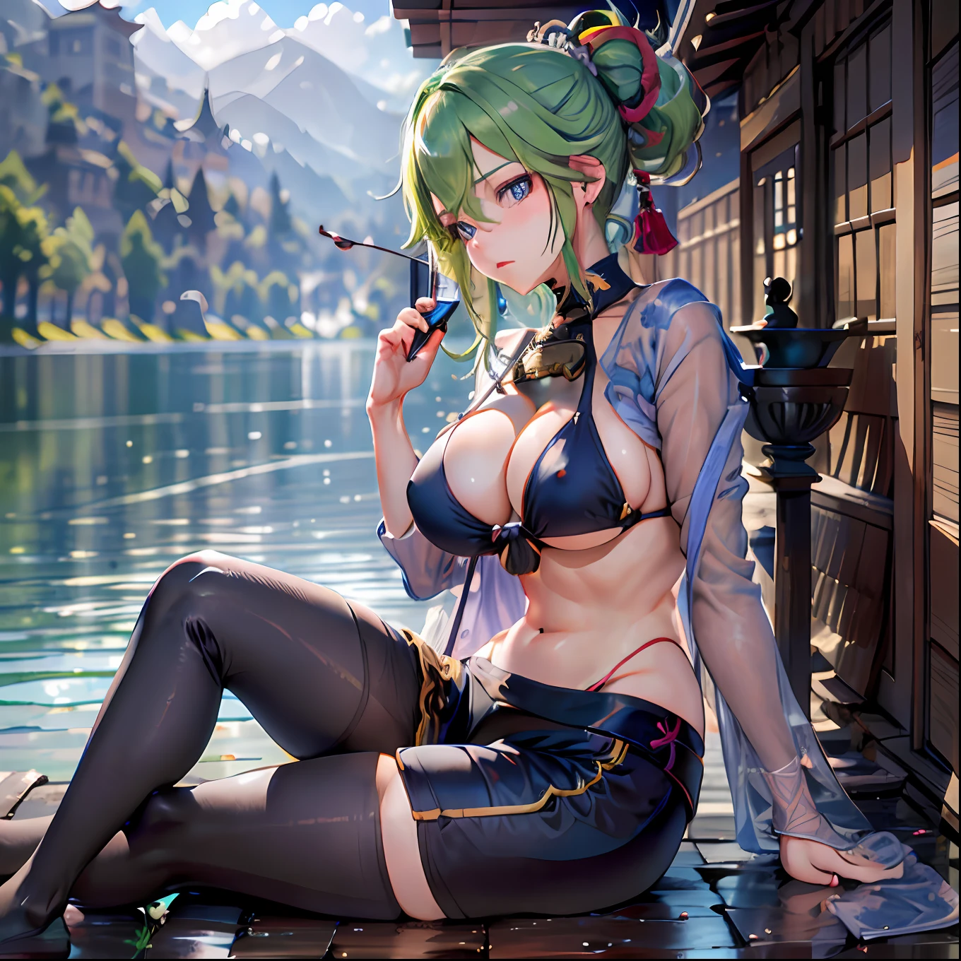 (NSTDA.:1.2), (10, beste-Qualit, master-piece: 1.4), ultra-high resolution, (lifelike, photorealistic portrait: 1.48), 20 age, Cute Girl, (See through the microcolor bikini beetle:1.11), Famous Japanese actors, gigantic breasts, Blue Eyes, Head tilt, cowboy shot, from the side, looking at the audience, expressionless, Beautiful lake, Zeiss 150mm F/ 2.8 Hasselblad, In Japanese shrines, Whole body, foot, Ultra-Wide Angle