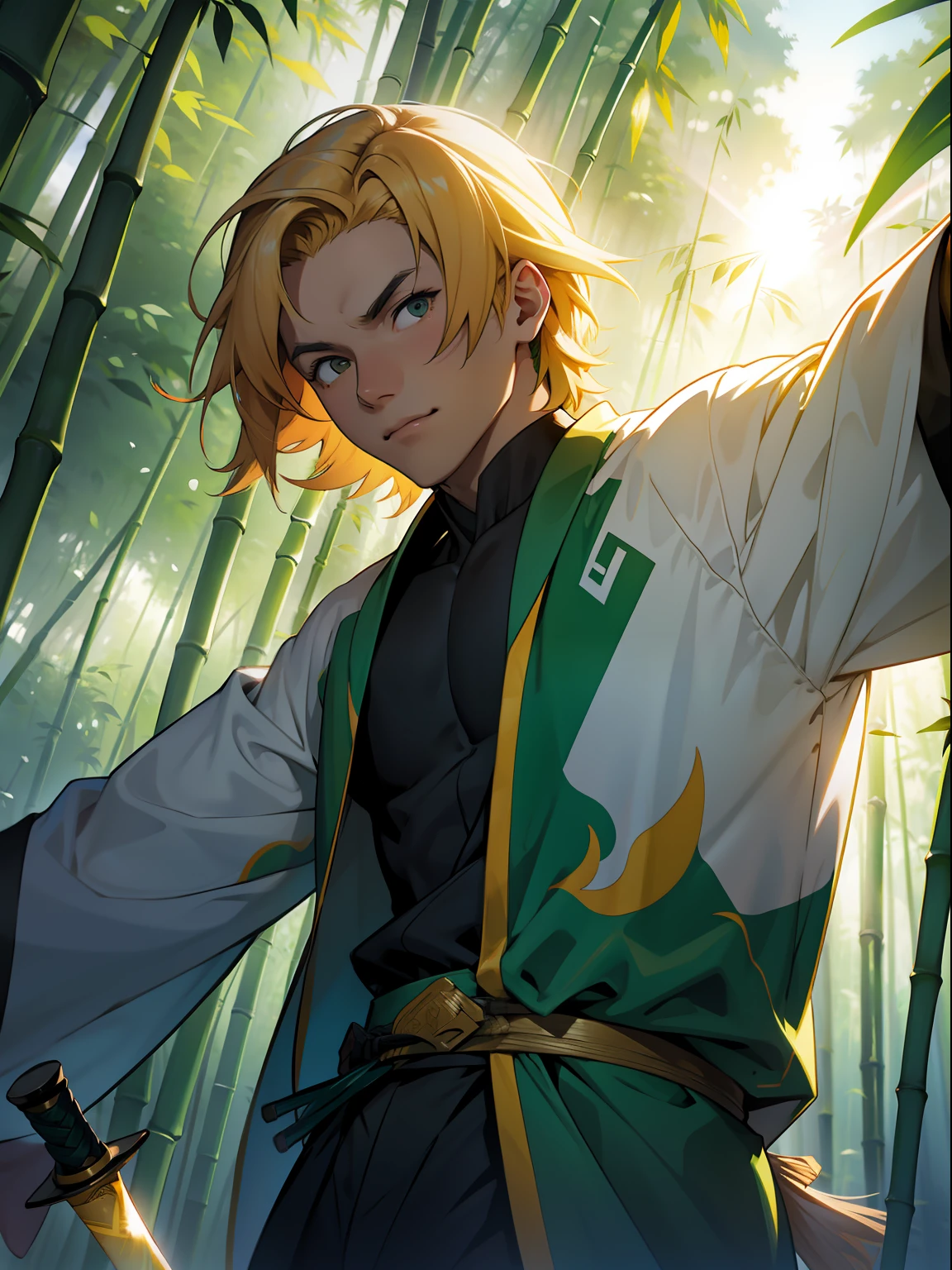 bamboo forrest,mtu,Tang suit,long sword,Flying,A ray of light,Close-up,