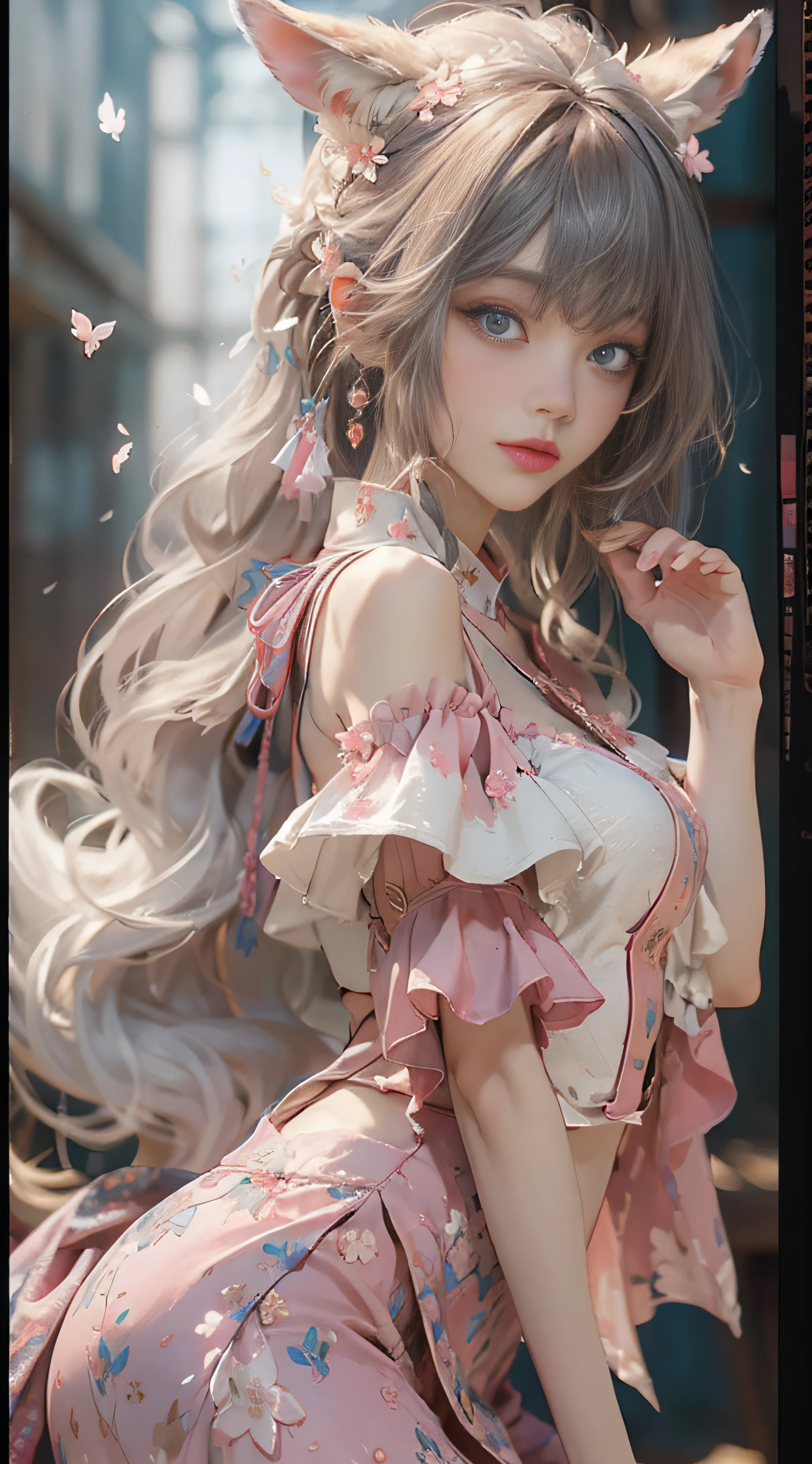 ((best qualtiy)), ((tmasterpiece)), (detail:1.4), Beautiful cyberpunk female images,hdr(HighDynamicRange),Ray traching,NVIDIA RTX,Hyper-Resolution,illusory 5,sub surface scattering,PBR textures,post-proces,Anisotropy Filtering,depth of fields,maximum definition and sharpness,Many-Layer Textures,Albedo e mapas Speculares,Surface coloring,Mitsu-Accurate simulation of material interactions,perfectly proportioned,rendering by octane,Two-colored light,largeaperture,Low ISO,White balance,Rule three points、8K raw data、Beautiful bright blue pupils,off-the-shoulder clothes,Fine pupils,Delicate face and eyes,long eyelasher,Blushlush,Delicate and fluffy hair,pink lip,Pure,Cute face,Sweet girl,Artistic sense,Casual wear,Advancedsense,butterflys,Cherry blossom petal,Beautiful hair accessories,Long hair and waist,Hair fluttering in the wind,Snow-white fox ears,curlies,Snow-white fluffy tail,Positive light,The light from the back window is backlighted
