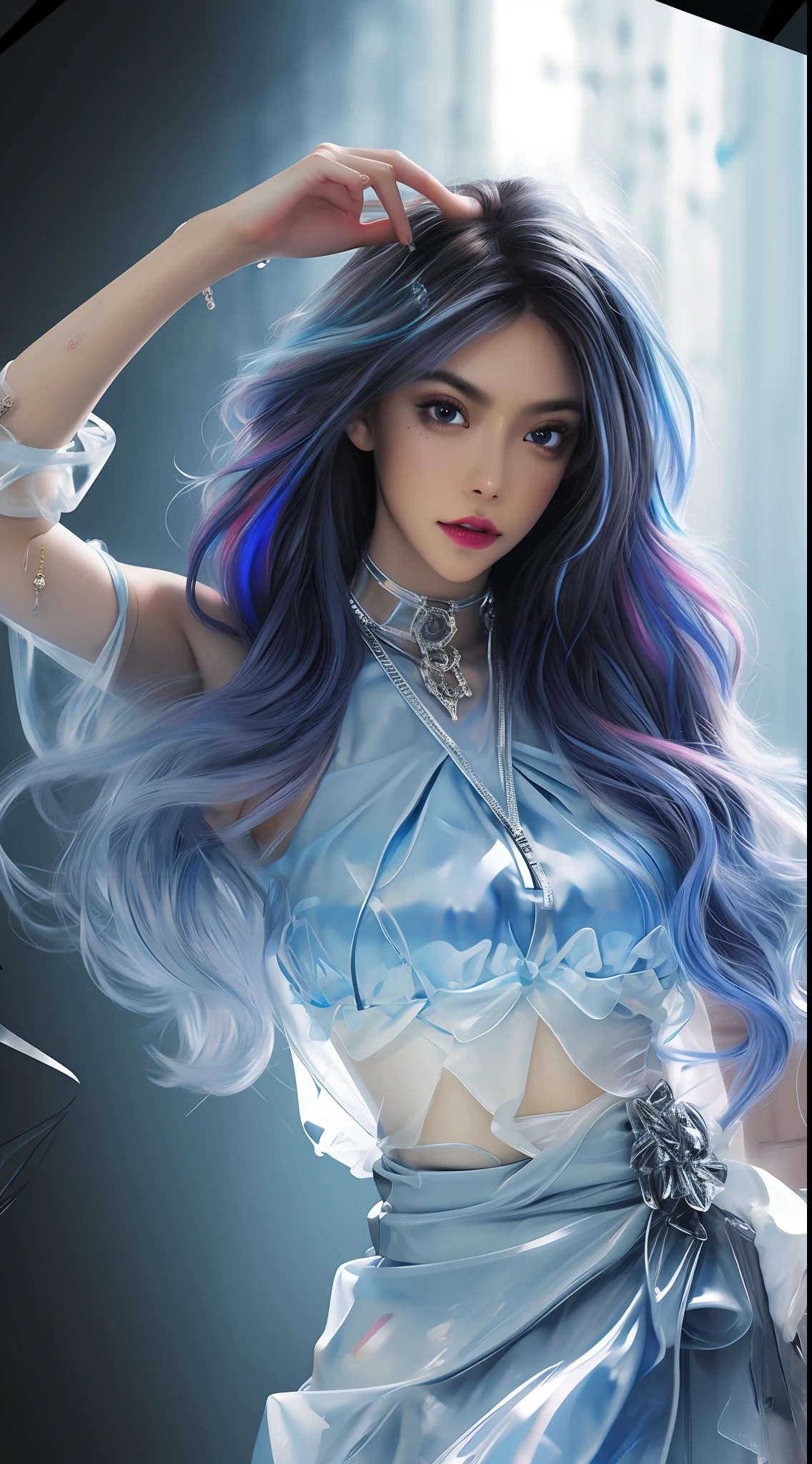 Best quality、tmasterpiece、A high resolution、(((1girll)))、Glass dress、Plastic clothes，see-through transparent clothes，Glass texture,offcial art,Unity8k wallpapers,ultradetailed,Beauty and aesthetics,Masterpiece,best qualtiy,1girll,(chaotic beauty:1.2),(Detaileddetails:1.2),Flowingcolors,vibrant with colors,dynamic angle, A MILF