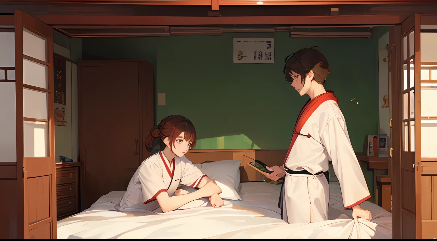人物:
Chen Jianghai(male people)
Lin Wanqiu(femele)
Scenes:Bedroom in the home,The two talk in bed。