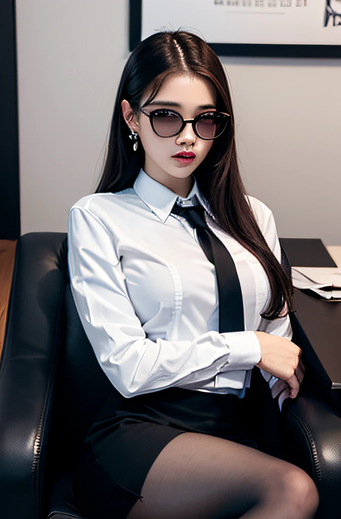 Exquisite, masterpiece, beautiful details, colorful, delicate details, delicate lips, intricate details, large breasts, black sunglasses with cool, 1 woman, (a beautiful 20-year-old cute Korean woman: 1.1), (kpop idol, Korean mixed), (50mm Sigma f/1.4 ZEISS lens, F1.4, 1/800s, ISO 100, photograpy:1.1), (ponytail + brunette 1.2), ( Photorealistic: 1.4), (SPY: 1.2), (Open Jacket, Shirt, Skirt, Tie, Black Pantyhose, Christian Louboutin\(Brand\),:1.3), Earrings, Necklaces, Armbands, (Tavern, Bar:1.2), (Beautiful Legs, High Girl, Skinny, slim_legs, thigh_gap, Model: 1.2 ), lens, flare from the front, (cool expression), dynamic pose, (makeup: 1.2), (sitting in a wide office boss chair))