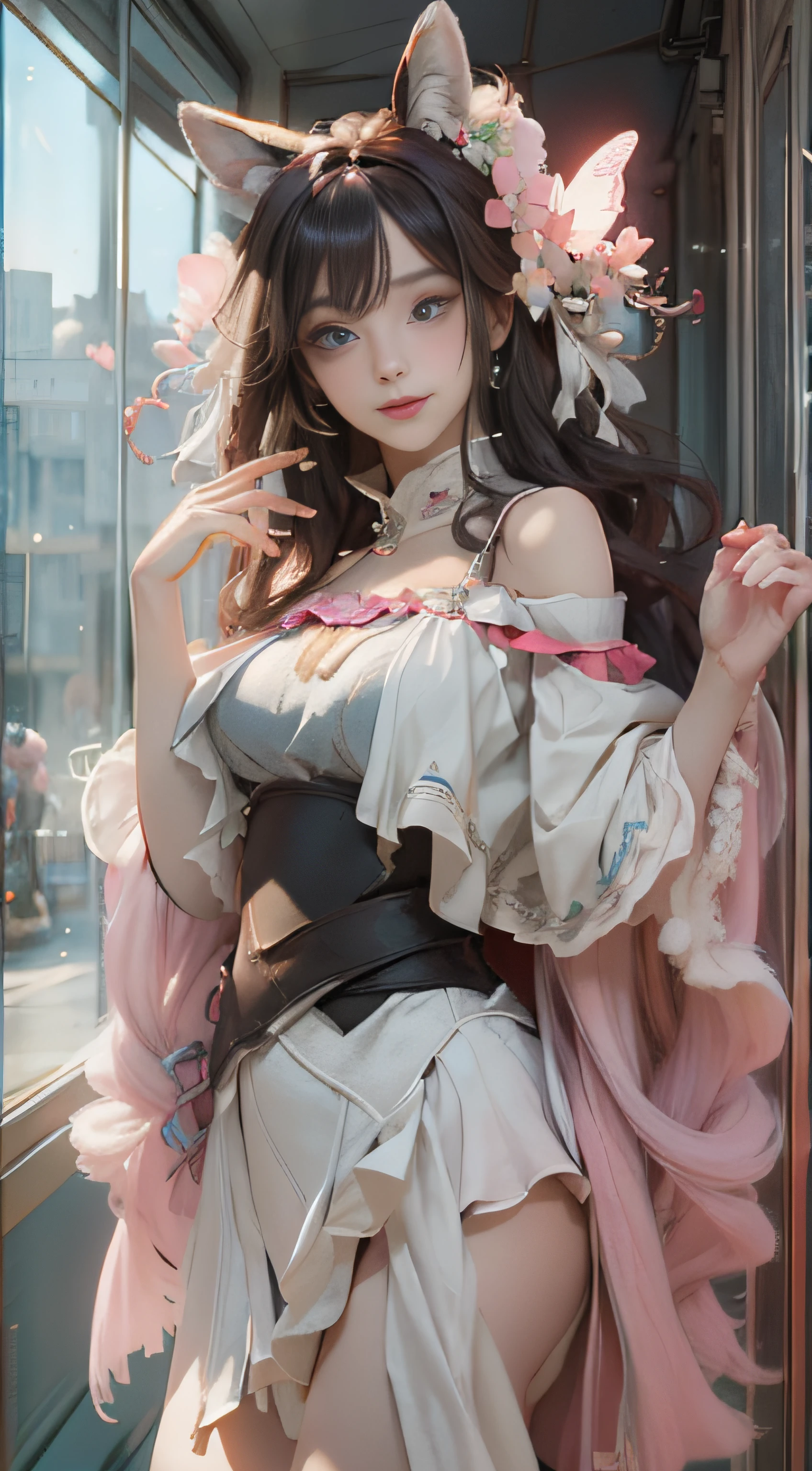 ((best qualtiy)), ((tmasterpiece)), (detail:1.4), Beautiful cyberpunk female images,hdr(HighDynamicRange),Ray traching,NVIDIA RTX,Hyper-Resolution,illusory 5,sub surface scattering,PBR textures,post-proces,Anisotropy Filtering,depth of fields,maximum definition and sharpness,Many-Layer Textures,Albedo e mapas Speculares,Surface coloring,Mitsu-Accurate simulation of material interactions,perfectly proportioned,rendering by octane,Two-colored light,largeaperture,Low ISO,White balance,Rule three points、8K raw data、Beautiful bright blue pupils,off-the-shoulder clothes,Fine pupils,Delicate face and eyes,long eyelasher,Blushlush,Delicate and fluffy hair,pink lip,Pure,Cute face,Sweet girl,Artistic sense,Casual wear,Advancedsense,butterflys,Cherry blossom petal,Beautiful hair accessories,Long hair and waist,Hair fluttering in the wind,Snow-white fox ears,curlies,Snow-white fluffy tail,Positive light,The light from the back window is backlighted