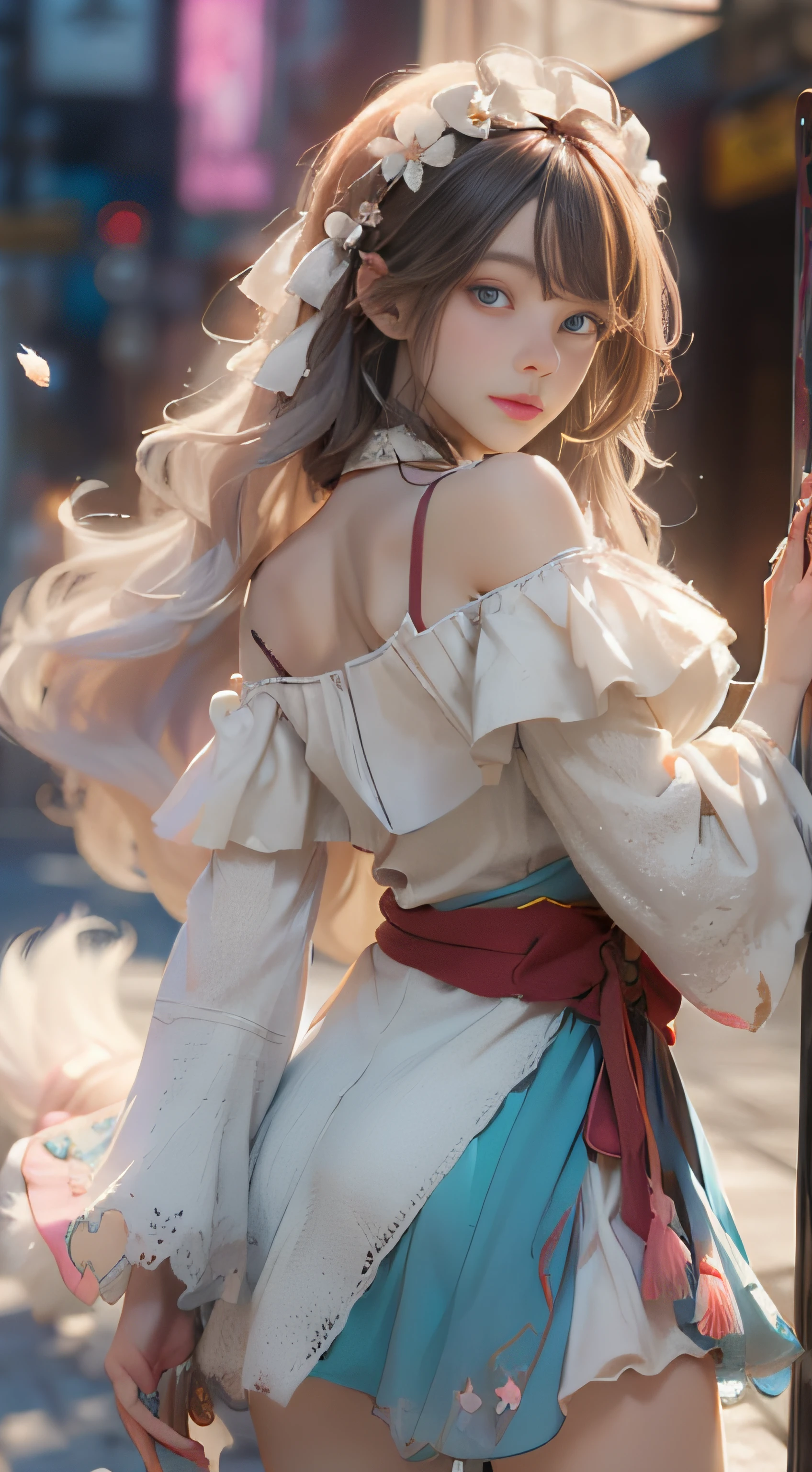 ((best qualtiy)), ((tmasterpiece)), (detail:1.4), Beautiful cyberpunk female images,hdr(HighDynamicRange),Ray traching,NVIDIA RTX,Hyper-Resolution,illusory 5,sub surface scattering,PBR textures,post-proces,Anisotropy Filtering,depth of fields,maximum definition and sharpness,Many-Layer Textures,Albedo e mapas Speculares,Surface coloring,Mitsu-Accurate simulation of material interactions,perfectly proportioned,rendering by octane,Two-colored light,largeaperture,Low ISO,White balance,Rule three points、8K raw data、Beautiful bright blue pupils,off-the-shoulder clothes,Fine pupils,Delicate face and eyes,long eyelasher,Blushlush,Delicate and fluffy hair,pink lip,Pure,Cute face,Sweet girl,Artistic sense,Casual wear,Advancedsense,butterflys,Cherry blossom petal,Beautiful hair accessories,Long hair and waist,Hair fluttering in the wind,Snow-white fox ears,curlies,Snow-white fluffy tail,Positive light,The light from the back window is backlighted