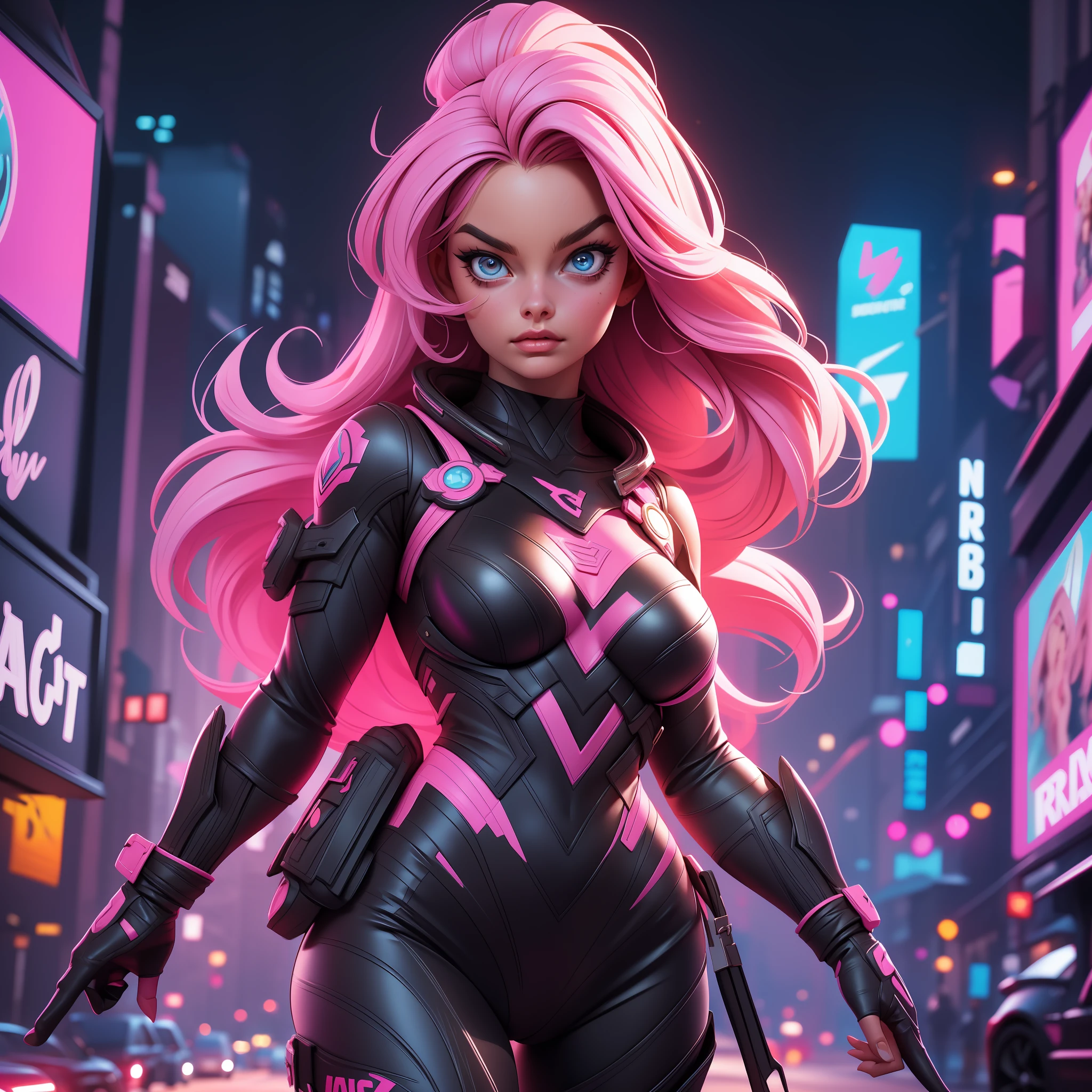 Margot robbie, black with strike of pink super babrie costume, City background, cinematic lighting, perfect anatomy, highly detailed, fine details, high quality, masterpiece, trending on artstation