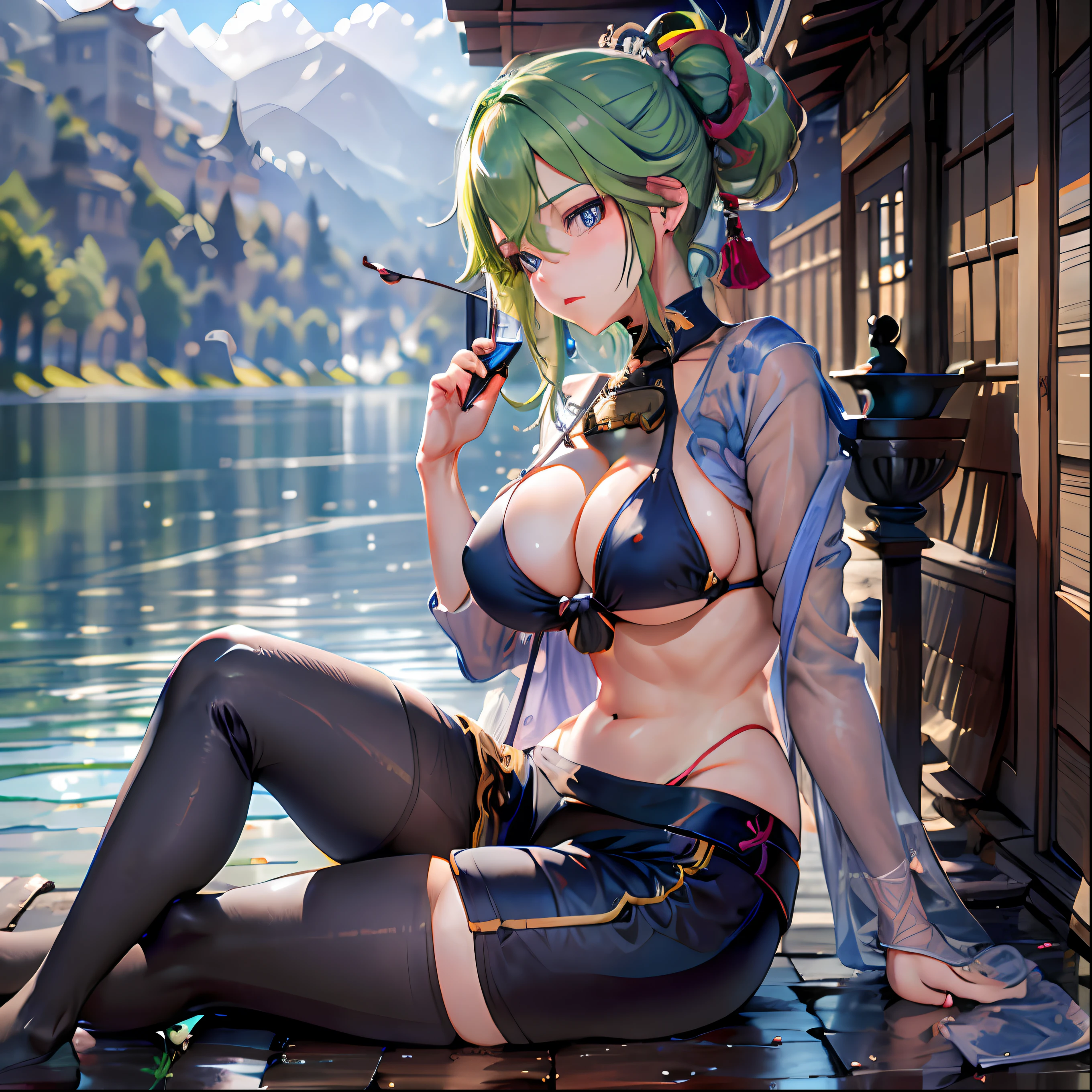 (NSTDA.:1.2), (10, beste-Qualit, master-piece: 1.4), ultra-high resolution, (lifelike, photorealistic portrait: 1.48), 20 age, Cute Girl, (See through the microcolor bikini beetle:1.11), Famous Japanese actors, gigantic breasts, Blue Eyes, Head tilt, cowboy shot, from the side, looking at the audience, expressionless, Beautiful lake, Zeiss 150mm F/ 2.8 Hasselblad, In Japanese shrines, Whole body, foot, Ultra-Wide Angle