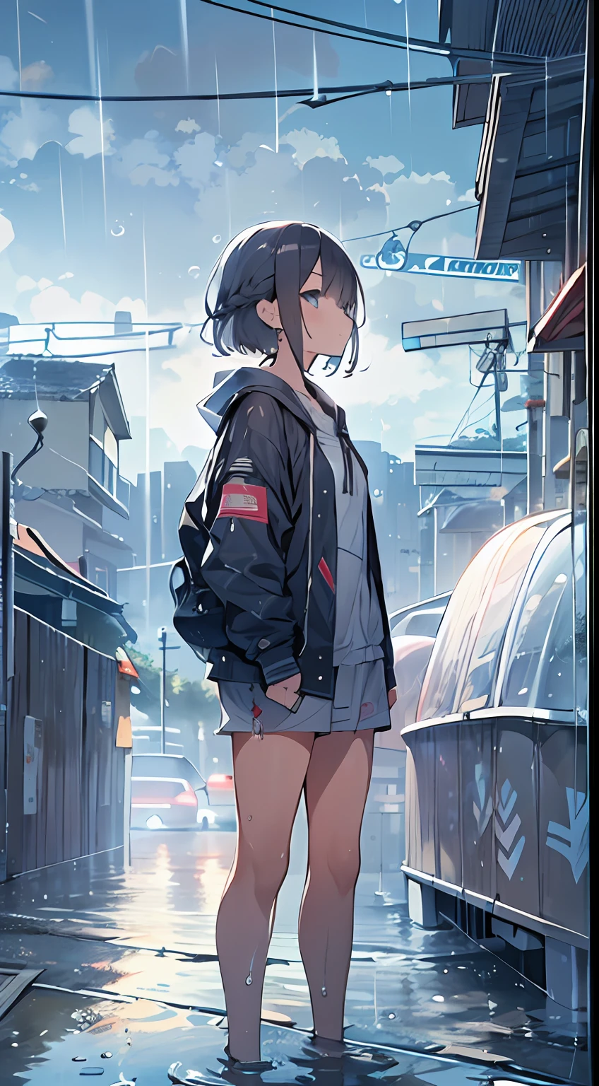 masutepiece, Best Quality,Illustration, Wallpaper, Ultra Detail, absurderes, 1girl in, Solo, (Medium short hair、short braided hair), Beautiful detailed eyes, rainfall、water dripping、wetting hair , Looking to the side, (Street:1.5), Cloudy sky、Bright scenery