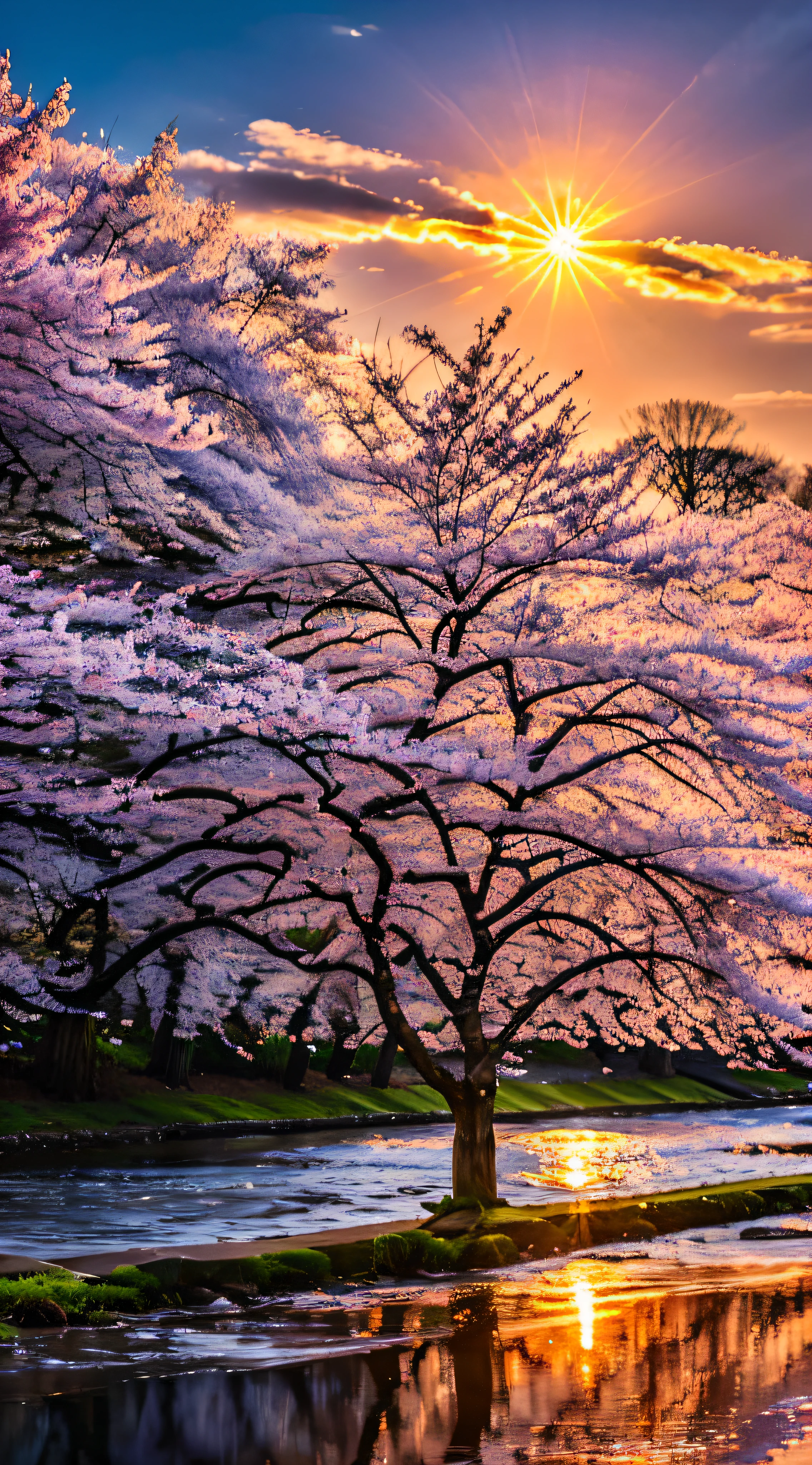 Cherry blossom trees in the sunset of spring,Next to a river,Realistically reflects the sun at 8K resolution。