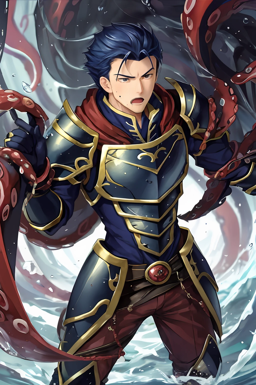 Hector Fey（adult man）， 独奏， ember，looking at viewert，hale and hearty，Tough guy，Handsome，Handsome，Tied by tentacles（Mucus-secreting tentacles） ，with her mouth open，drools，perspire，Strong，Magnificent，Tight combat uniform，Armour，Armour，Get wet， mitts， 1 man，weeping，Be red in the face， Male focus，Tentacles wrapped around thighs（Octopus tentacles wrap around thighs）， cloaks， Armour， Shoulder armor， Soaked leggings，Wrists bound by tentacles，Waist wrapped around tentacles
