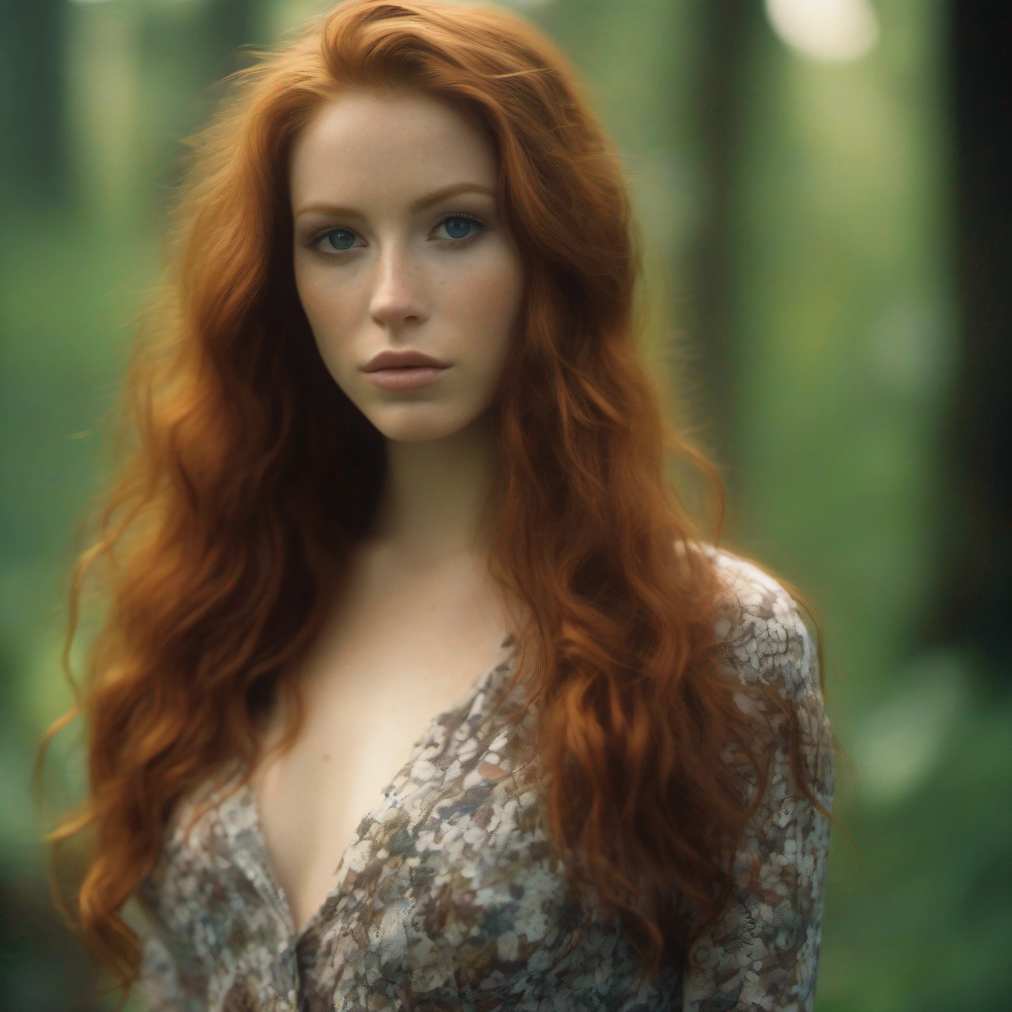 (masterpiece), cinematic film still, (full body shot) of beautiful and sexy young red haired woman, (long hair), (perfect face), (detailed facial features), seductive look, (amazing body), (wearing bodysuit), standing, outdoors, moist, damp, forest, detailed background), shallow depth of field, (detailed), photographed on a Kodak box camera,