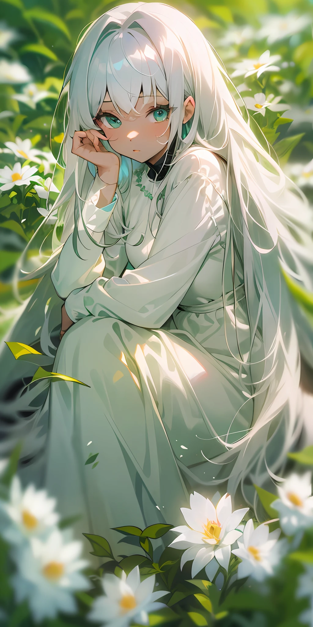 (masterpiece, best quality),1girl with long white hair sitting in a field of green plants and flowers, her hand under her chin, warm lighting, white dress, blurry foreground ((black skin))