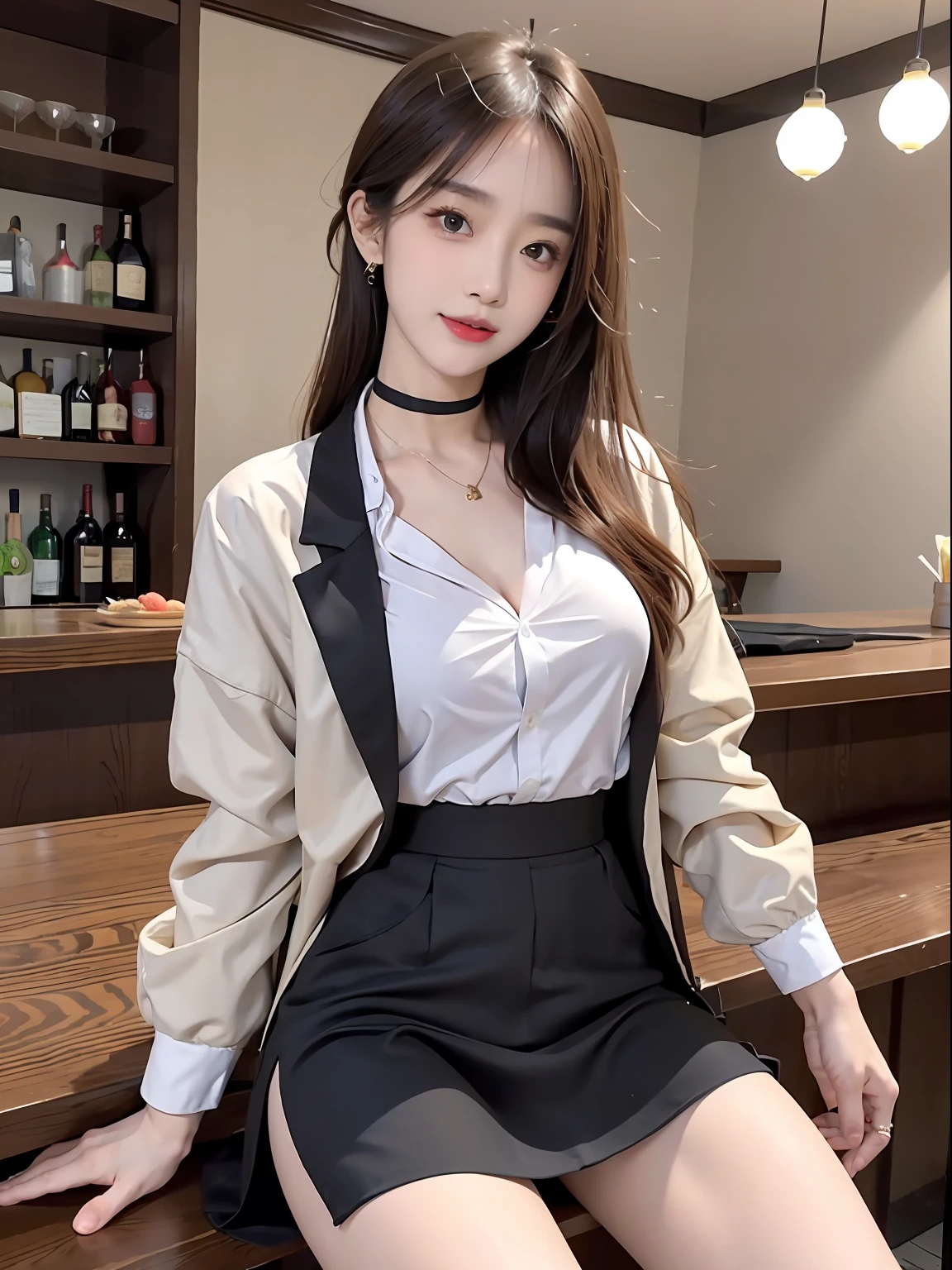 delicated,tmasterpiece,beautifuldetails,extremely colorful,Exquisite details,Delicate lips,The details are complex,Large breasts,wears glasses,1人の女性,(A beautiful 20 year old cute Korean woman:1.1),(kpop idol,Korean mixed-race),(50mm Sigma f /1.4 ZEISS lens, F1.4, 1/800s, ISO 100, photograpy:1.1), (brunette color hair:1.2), (photorealistic:1.4), (spy:1.2), (open jacket,shirt, skirt,tiese,black pantyhoses,christian louboutin\(brand\),:1.3),耳Nipple Ring,choker necklace,armlets,(tavern,bar:1.2),(beautifullegs,High girl,skinny,slim_legs,thigh_gap,model:1.2),Lens flare,seen from the front,(Happy smile:1.1),dynamicposes,(putting makeup on:1.2),Sit on the bar stool,