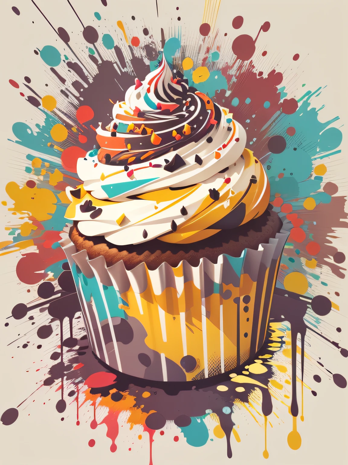 vector art, Colorful illustration with graffiti cupcake, in the center, Bright colors, paint splashes and blots, high detail, whitebackground