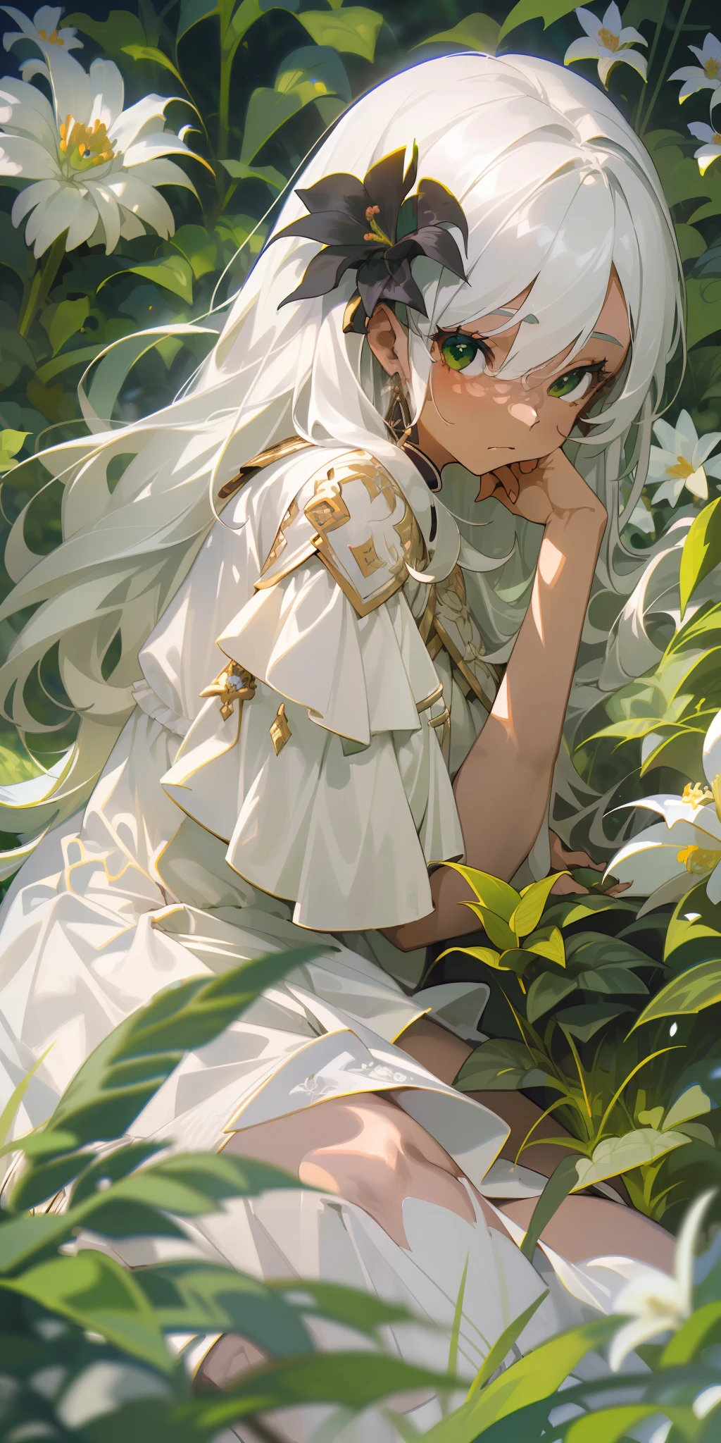 (masterpiece, best quality),1girl with long white hair sitting in a field of green plants and flowers, her hand under her chin, warm lighting, white dress, blurry foreground ((black skin))