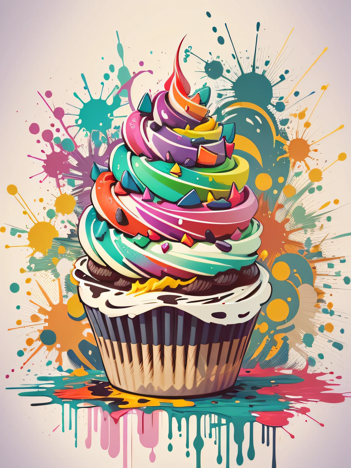 vector art, Colorful illustration with graffiti cupcake, in the center, Bright colors, paint splashes and blots, high detail, whitebackground