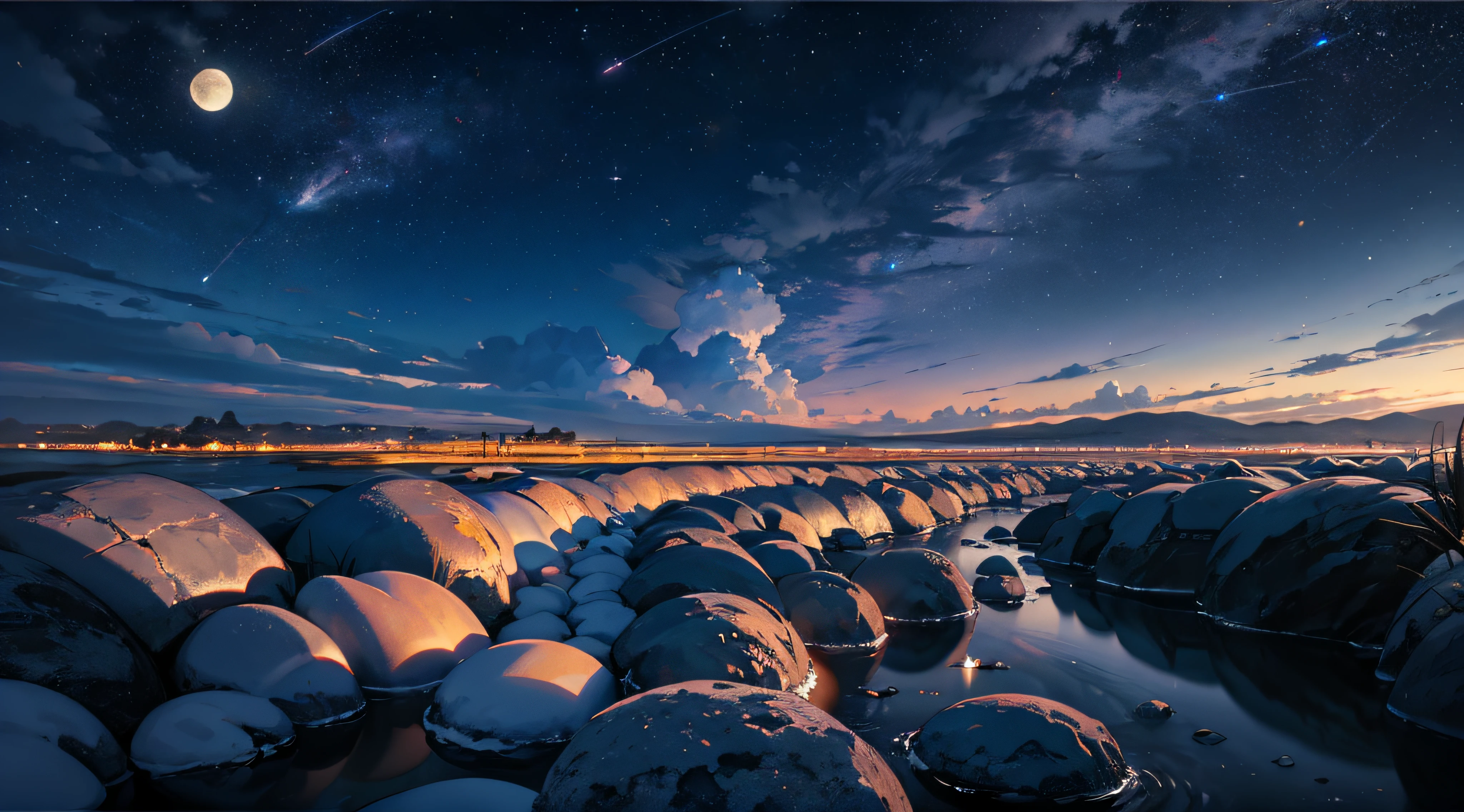 Expansive landscape photograph,(moon full:1.2),(meteors:0.9),(Starcloud:1.3),(Warm light source:1.2),(glowworm:1.2),lamp lights,Lots of purple and orange,Complicated details,Volumetriclighting,Realism BREAK(tmasterpiece:1.2),(best qualtiy),8K,Ultra-detailed,(dynamic compositions:1.4),The is very detailed,Colorful details,(Irridescent color:1.2),(luminouslighting,Atmospheric lighting),dream magical,magical,(独奏:1.2),((best qualtiy)), ((tmasterpiece)), (the detail:1.4),depth of fields,maximum definition and sharpness,perfectly proportions,Fluttering clouds,Wallpapers