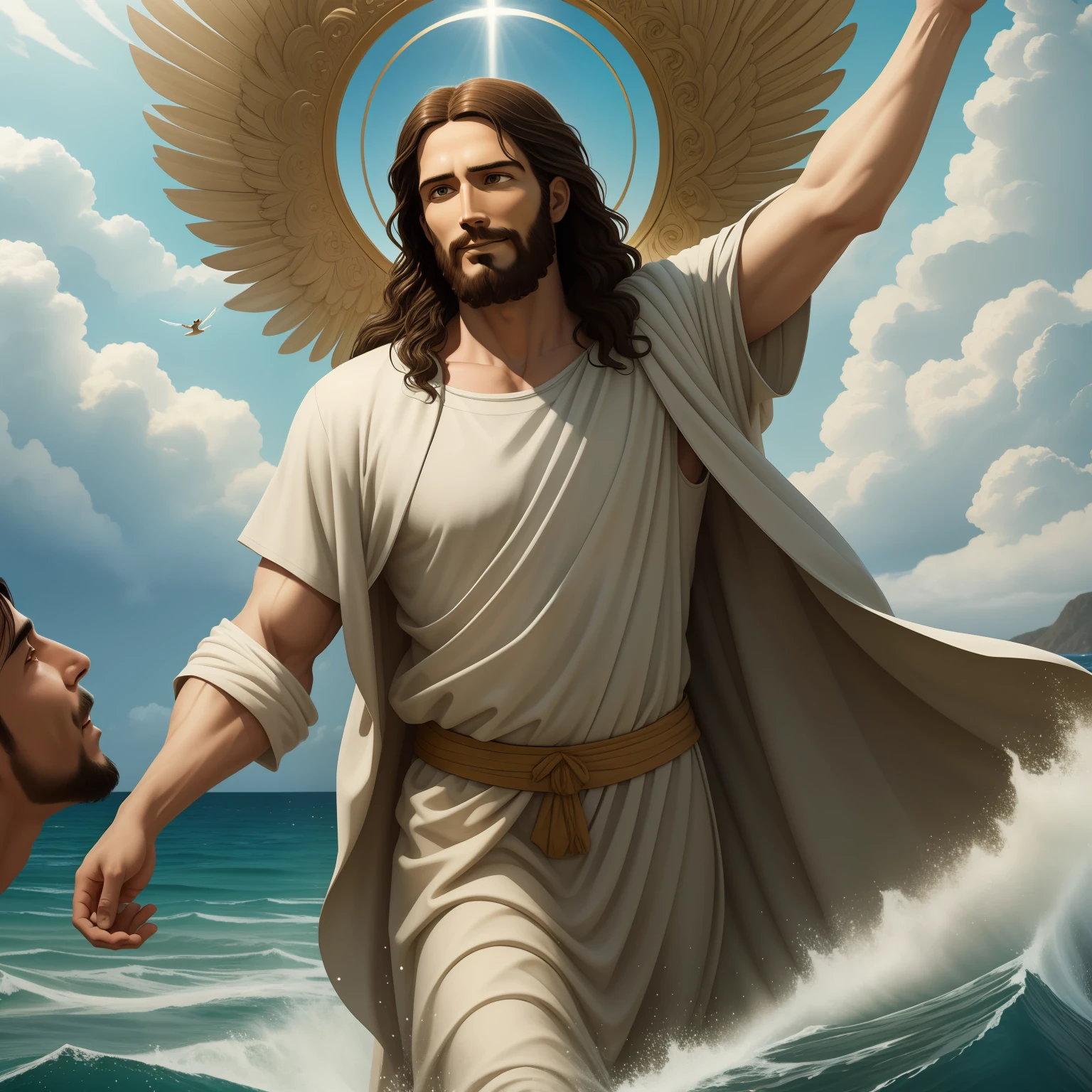 Real Jesus flying on sky with a flying cloud in the background, Jesus walking on water, biblical illustration, epic biblical representation, forcing him to flee, coming out of the ocean, ! holding in hand!, disembarking, god of the ocean, beautiful representation, 8k 3D Model, realistic,
a 3D Realistic of jesus with a halo in the sky, jesus christ, smiling in heaven, portrait of jesus christ, jesus face, 35 young almighty god, portrait of a heavenly god, greg olsen, gigachad jesus, jesus of nazareth, jesus, the face of god, god looking at me, he is greeting you warmly, he is happy, avatar image