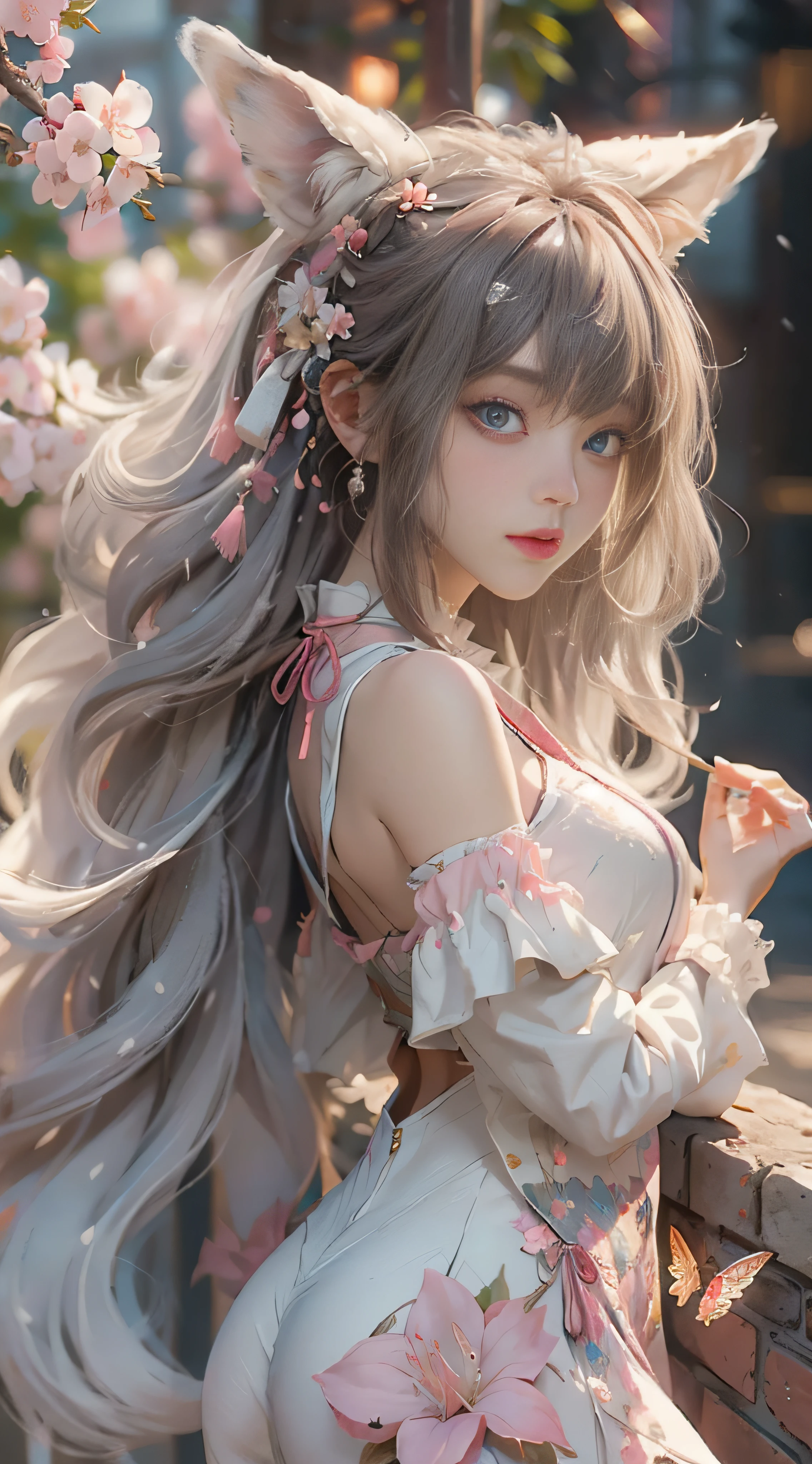 （（best qualtiy））， （（tmasterpiece））， （detail：1.4）， Beautiful cyberpunk female images，hdr（HighDynamicRange），Ray traching，NVIDIA RTX，Hyper-Resolution，illusory 5，sub surface scattering，PBR textures，post-proces，Anisotropy Filtering，depth of fields，maximum definition and sharpness，Many-Layer Textures，Albedo e mapas Speculares，Surface coloring，Mitsu-Accurate simulation of material interactions，perfectly proportioned，rendering by octane，Two-colored light，largeaperture，Low ISO，White balance，Rule three points、8K raw data、Beautiful bright blue pupils，off-the-shoulder clothes，Fine pupils，Delicate face and eyes，long eyelasher，Blushlush，Delicate and fluffy hair，pink lip，Pure，Cute face，Sweet girl，Artistic sense，Casual wear，Advancedsense，butterflys，Cherry blossom petal，Beautiful hair accessories，Long hair and waist，Hair fluttering in the wind，Snow-white fox ears，curlies，Snow-white fluffy tail，Positive light，The light from the back window is backlighted