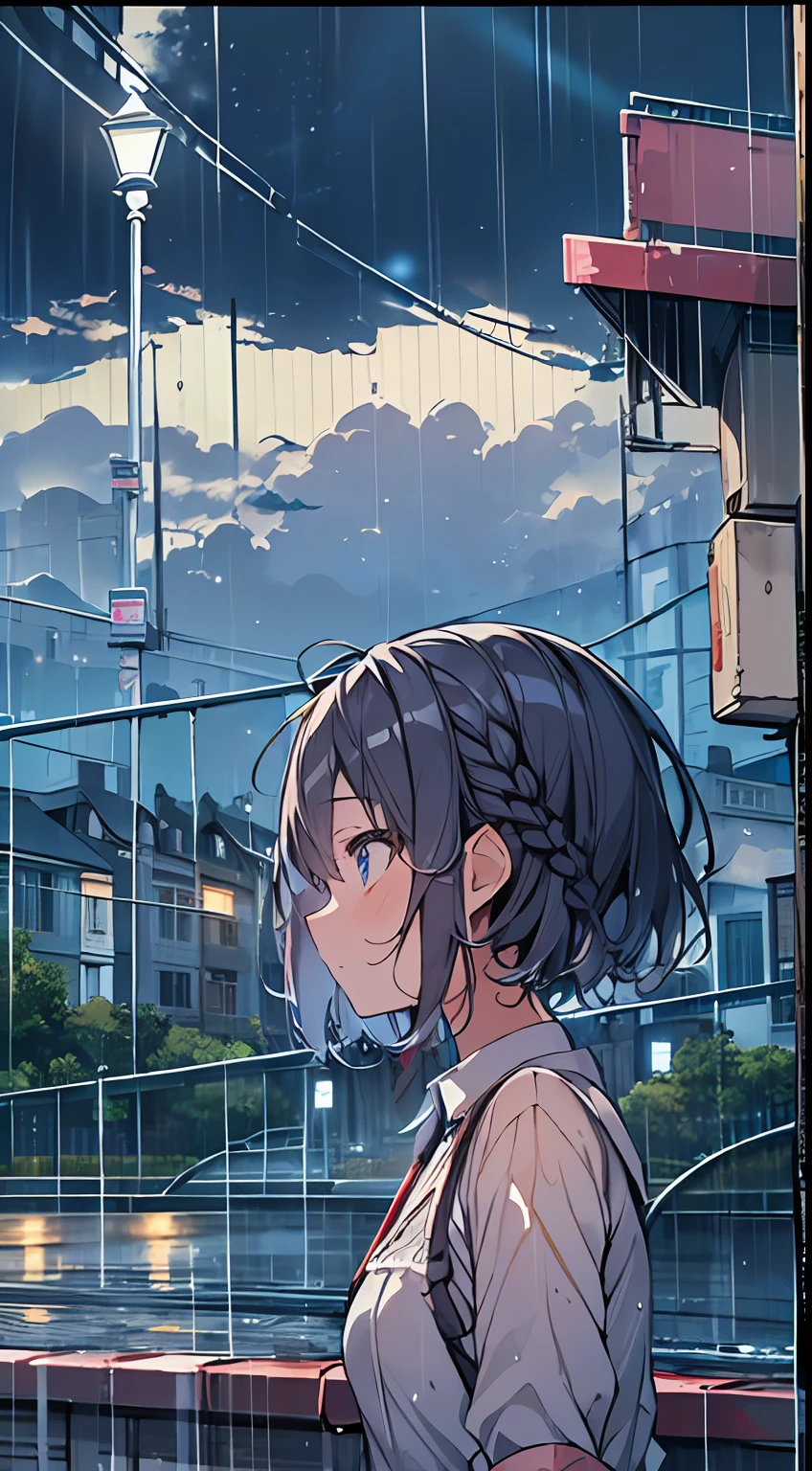 masutepiece, Best Quality,Illustration, Wallpaper, Ultra Detail, absurderes, 1girl in, Solo, (Medium short hair、short braided hair), Beautiful detailed eyes, rainfall、water dripping、wetting hair , Looking to the side, (Street:1.5), Cloudy sky、a moon