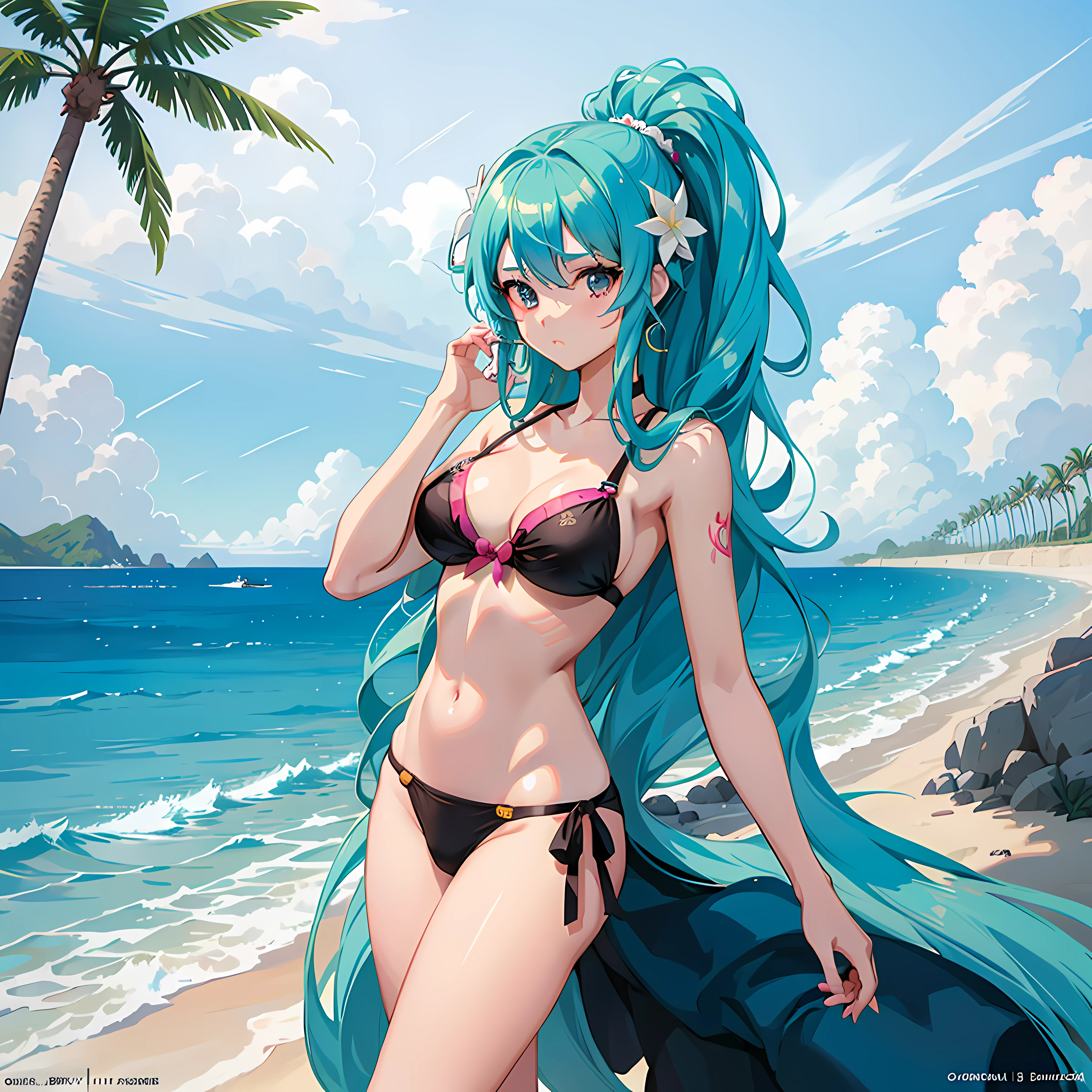anime girl in a bikini on the beach with a palm tree, seductive anime girl, in the beach, at a beach, anime moe artstyle, attractive anime girl, beautiful alluring anime woman, beautiful anime girl, at the beach, guweiz on pixiv artstation, beautiful anime woman, guweiz, guweiz on artstation pixiv
