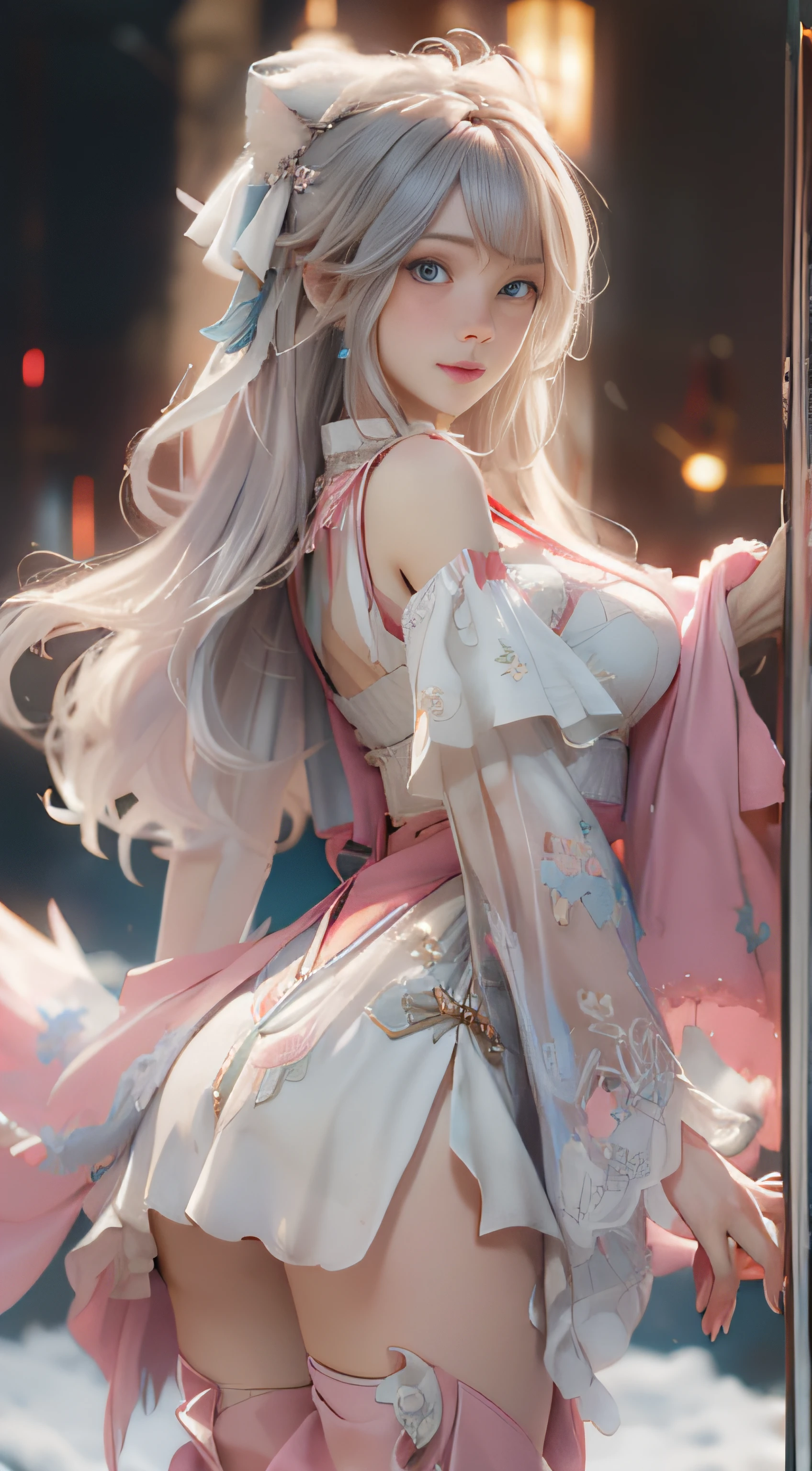 （（best qualtiy））， （（tmasterpiece））， （detail：1.4）， Beautiful cyberpunk female images，hdr（HighDynamicRange），Ray traching，NVIDIA RTX，Hyper-Resolution，illusory 5，sub surface scattering，PBR textures，post-proces，Anisotropy Filtering，depth of fields，maximum definition and sharpness，Many-Layer Textures，Albedo e mapas Speculares，Surface coloring，Mitsu-Accurate simulation of material interactions，perfectly proportioned，rendering by octane，Two-colored light，largeaperture，Low ISO，White balance，Rule three points、8K raw data、Beautiful bright blue pupils，off-the-shoulder clothes，Fine pupils，Delicate face and eyes，long eyelasher，Blushlush，Delicate and fluffy hair，pink lip，Pure，Cute face，Sweet girl，Artistic sense，Casual wear，Advancedsense，butterflys，Cherry blossom petal，Beautiful hair accessories，Long hair and waist，Hair fluttering in the wind，Snow-white fox ears，curlies，Snow-white fluffy tail，Positive light，The light from the back window is backlighted