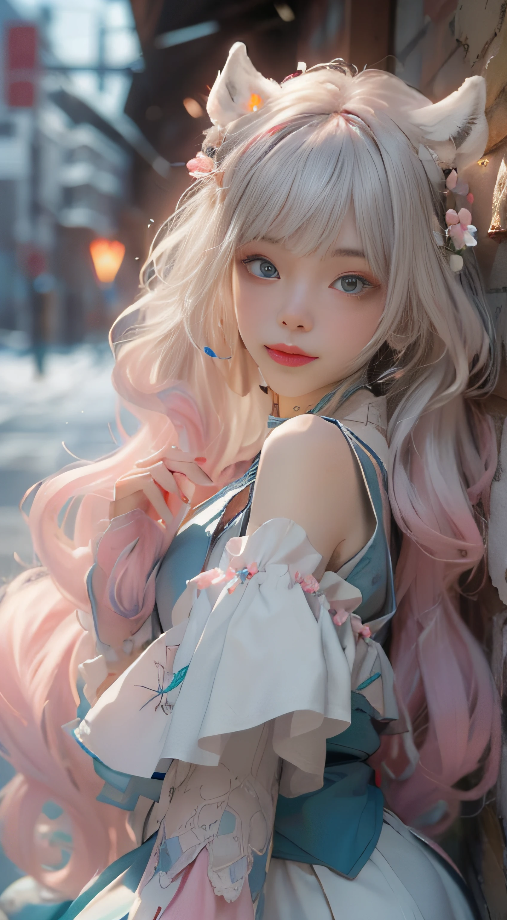 ((best qualtiy)), ((tmasterpiece)), (detail:1.4), Beautiful cyberpunk female images,hdr(HighDynamicRange),Ray traching,NVIDIA RTX,Hyper-Resolution,illusory 5,sub surface scattering,PBR textures,post-proces,Anisotropy Filtering,depth of fields,maximum definition and sharpness,Many-Layer Textures,Albedo e mapas Speculares,Surface coloring,Mitsu-Accurate simulation of material interactions,perfectly proportioned,rendering by octane,Two-colored light,largeaperture,Low ISO,White balance,Rule three points、8K raw data、Beautiful bright blue pupils,off-the-shoulder clothes,Fine pupils,Delicate face and eyes,long eyelasher,Blushlush,Delicate and fluffy hair,pink lip,Pure,Cute face,Sweet girl,Artistic sense,Casual wear,Advancedsense,butterflys,Cherry blossom petal,Beautiful hair accessories,Long hair and waist,Hair fluttering in the wind,Snow-white fox ears,curlies,Snow-white fluffy tail,Positive light,The light from the back window is backlighted