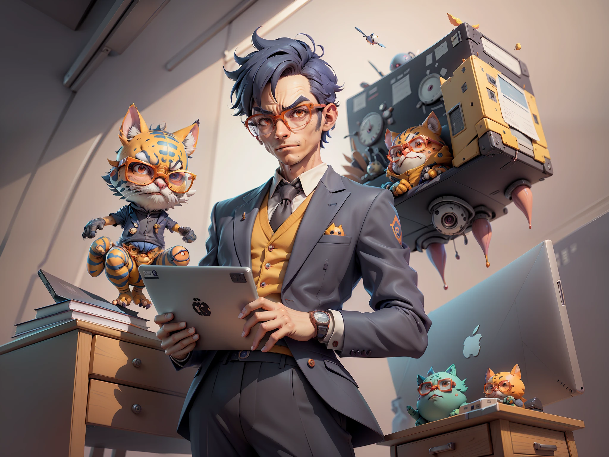 A young man in a suit and pants, Short hair and glasses sat at his desk，holding laptop，digitial painting，tigre，3D character design by Mark Clairen and Pixar and Hayao Miyazaki and Akira Toriyama，4K HD illustration，Very detailed facial features and cartoon-style visuals。