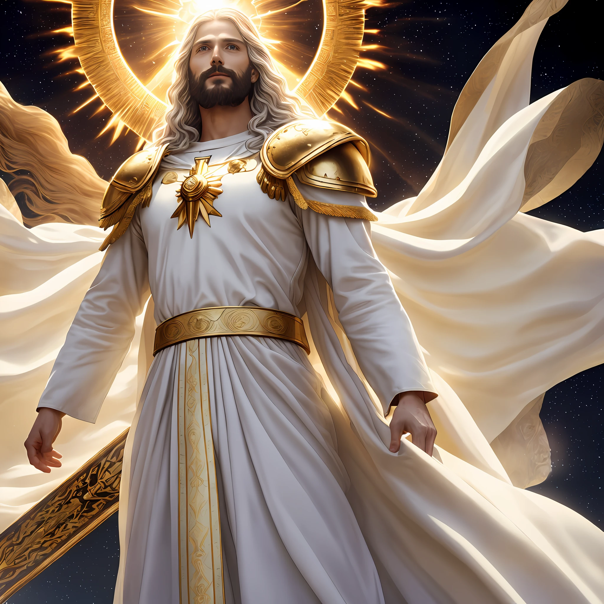 Jesus second coming in the heavens, ( Realistic) age 35 old years, face like the midday sun, crown, a tunic and a golden breastplate, hair as white as snow, eyes as flames of fire, feet as refined bronze in the furnace, light smile, Surrealism, backlighting, cinematic lighting, high quality, high details, 8K 3D best quality