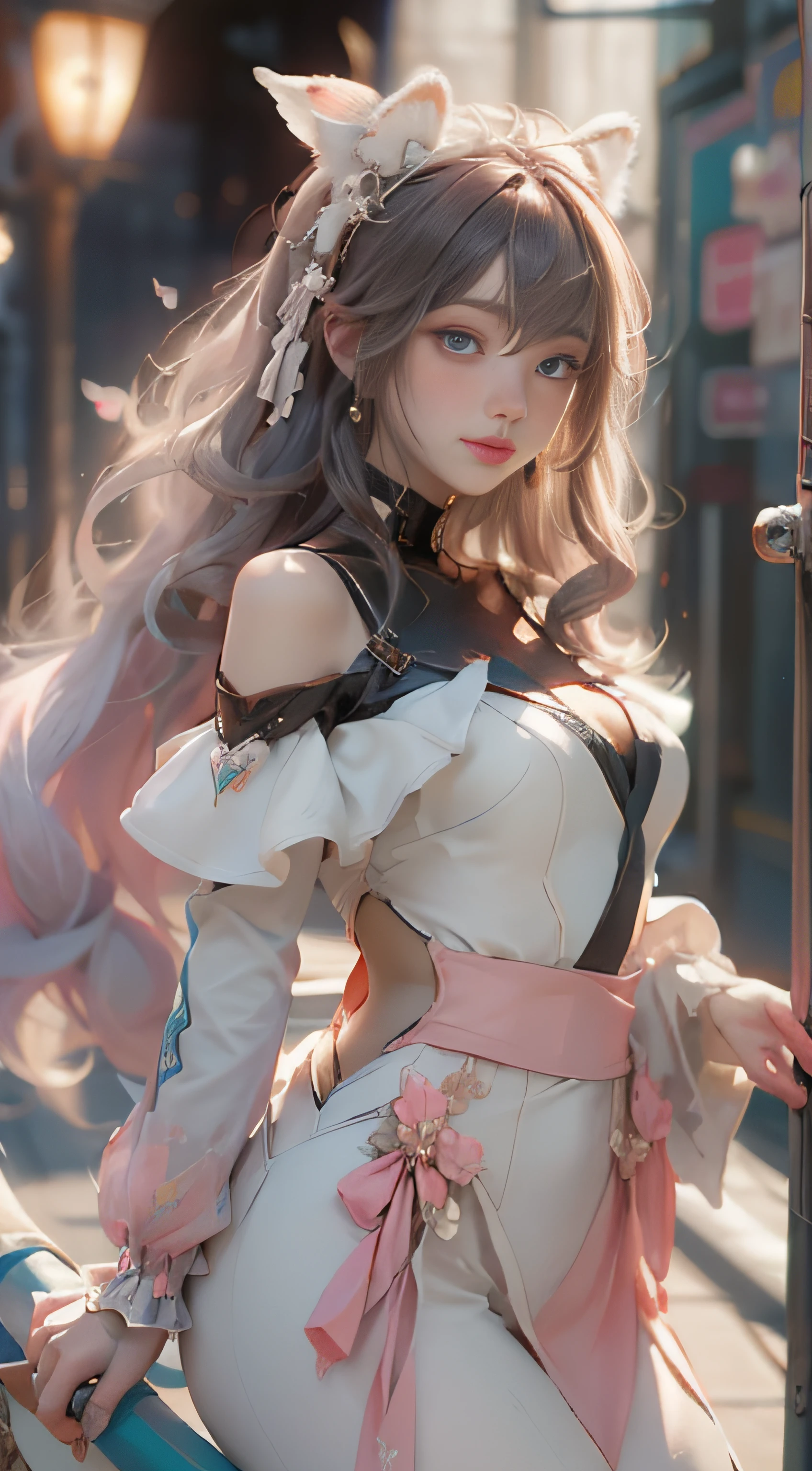((best qualtiy)), ((tmasterpiece)), (detail:1.4), Beautiful cyberpunk female images,hdr(HighDynamicRange),Ray traching,NVIDIA RTX,Hyper-Resolution,illusory 5,sub surface scattering,PBR textures,post-proces,Anisotropy Filtering,depth of fields,maximum definition and sharpness,Many-Layer Textures,Albedo e mapas Speculares,Surface coloring,Mitsu-Accurate simulation of material interactions,perfectly proportioned,rendering by octane,Two-colored light,largeaperture,Low ISO,White balance,Rule three points、8K raw data、Beautiful bright blue pupils,off-the-shoulder clothes,Fine pupils,Delicate face and eyes,long eyelasher,Blushlush,Delicate and fluffy hair,pink lip,Pure,Cute face,Sweet girl,Artistic sense,Casual wear,Advancedsense,butterflys,Cherry blossom petal,Beautiful hair accessories,Long hair and waist,Hair fluttering in the wind,Snow-white fox ears,curlies,Snow-white fluffy tail,Positive light,The light from the back window is backlighted