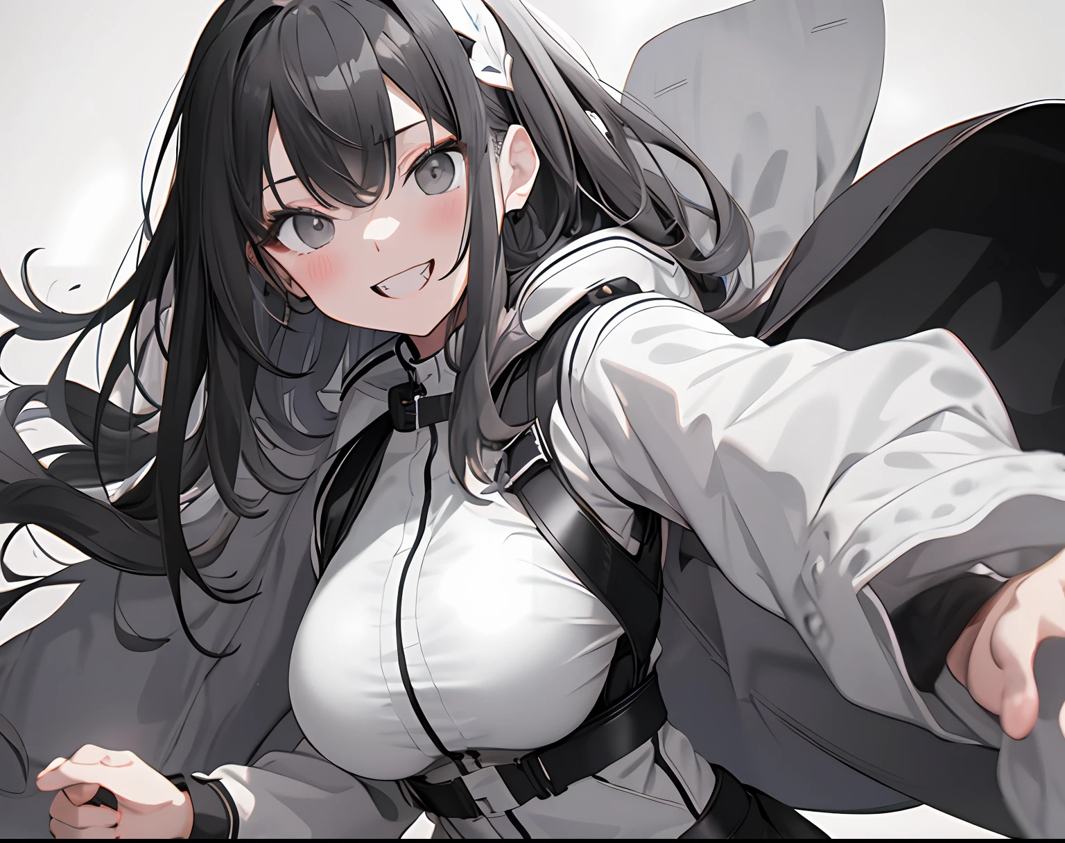 【Highest Quality, masutepiece】 [girl, Manteau, expressioness, Black eyes, front facing, Black hair, Walking, Upper body] (Gray white background:1.7), Smile with teeth, Breast bulge