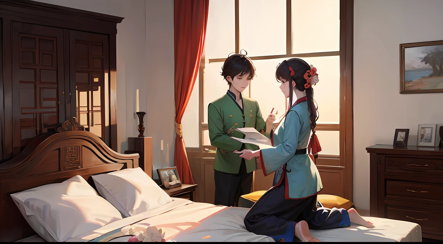 人物:
Chen Jianghai(male people)
Lin Wanqiu(femele)
Scenes:Bedroom in the home,Chen Jianghai and Lin Wanqiu talk。