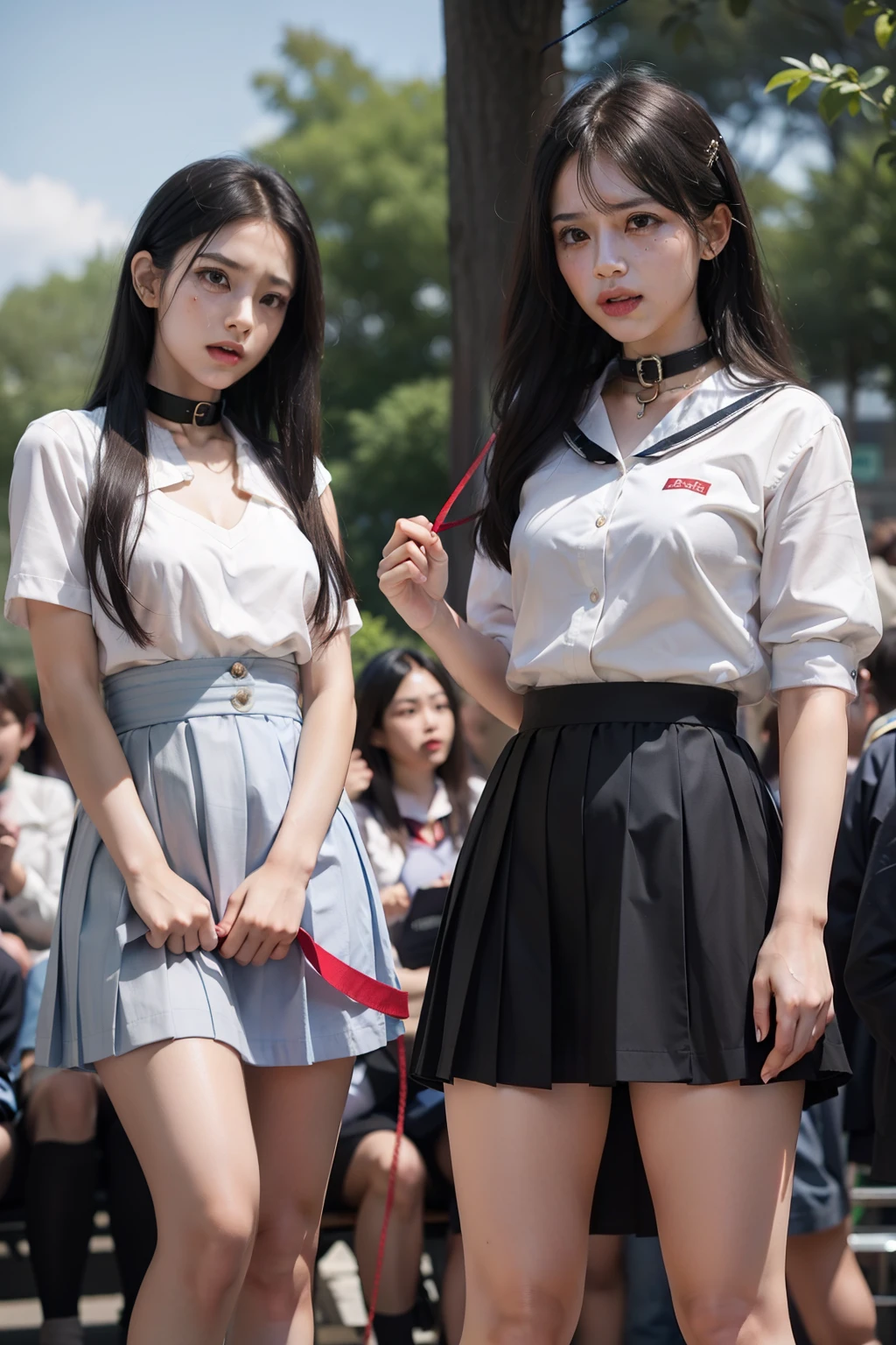 The highest quality shooting　　　　、White lace panties　、(((Two Women)))、　Thin rope、Tying up the body　、　(((Black collar))) 、　Skirt Roll Up　、　Two Women、White School Uniform、(((audience)))　、a sailor suit　、Dark blue pleated skirt　、Medium length pleated skirt　、student clothes　、　　Collar with a leash　、Cowboy Shot　　 、is crying　 　　、Portraits are prohibited　、blushed face　　、field day　、Cultural Festival　、Man's Festival　、An amusement park、　poneyTail　、(((audience)))　　、　A dark-haired　、Low angle full body photo　、Sad look、 Black hair, shining beautiful skin , Sweat, collar and chain accessories, beautiful black pupil and hair, Detailed expression　, beautidful eyes