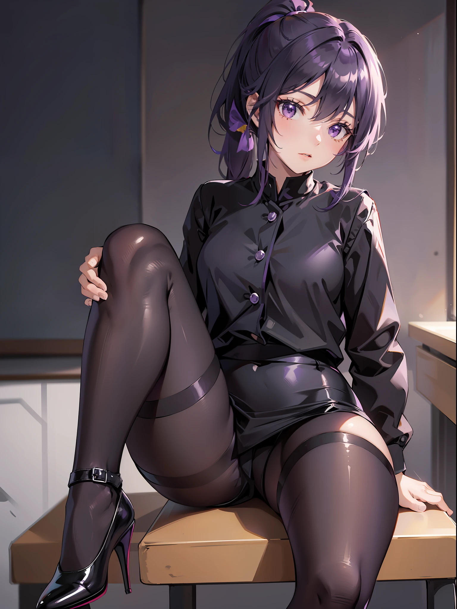 Purple single ponytail，Black JK uniform，black pantyhoses，black heels，sit on chair