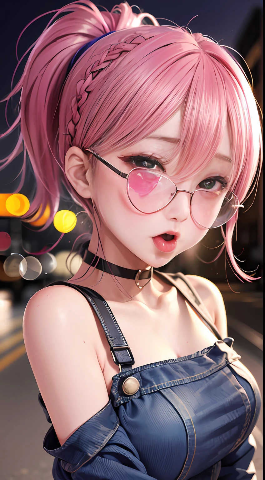 (Stand in the street), (Night background), short denim skirt, Pink love glasses, Complex background, multicolored hair, (colored inner hair:1.5), braided ponytail, eyepatch, mole under eye, heart-shaped pupils, pupils sparkling, tongue, saliva, (tongue out), full blush, Side lighting, Complex background, looking to the camera, Side lighting, makeup, open mouth, crazy, shy, blush, tearing up, unconscious, doyagao, heavy breathing, drooling,( naughty,) face, saliva trail, evil, oral invitation, cinematic lighting, UHD, masterpiece, ccurate, anatomically correct, textured skin, super detail, 8k