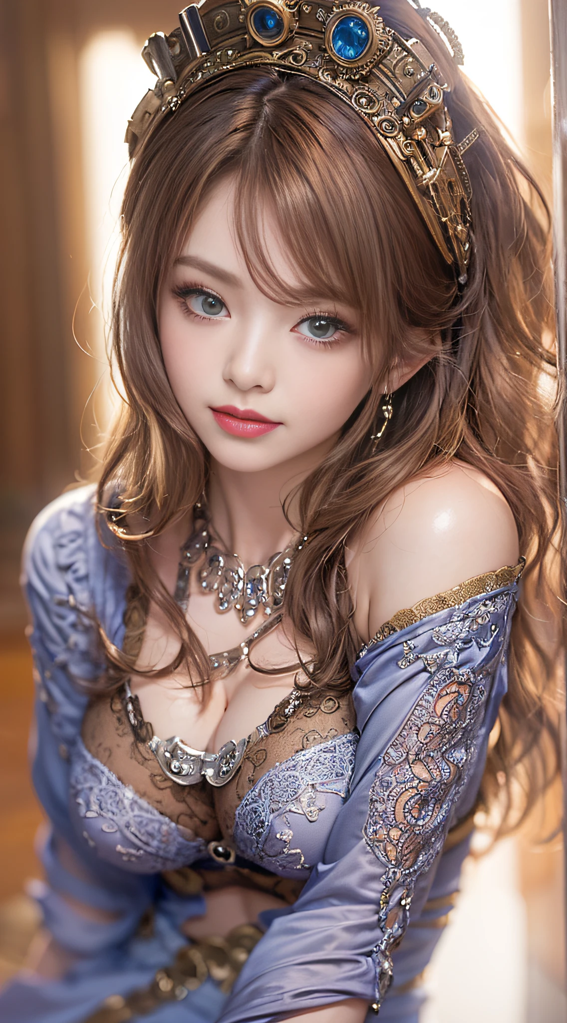 (8k, RAW photo, best quality, masterpiece:1.3), extremely cute and beautiful girl, 1girl, 3d, bangs, bare shoulders, bow, bra, Huge-breasts, brown eyes, chestnut hair, cleavage, (Beautiful Breasts:1.3), (Abs, Slender Figure: 1.1), Sharp Focus, (((Intricate Details)), High Detail, simple grey background, lips, long hair, looking at the viewer, Huge breasts, navel, nose, off shoulder, open clothes, open shirt, panties, realistic, shirt, solo, stomach, underwear, undressing, cowboy shot, luxury satin royal blue bra, luxury satin royal blue panties, silk gown, Shiny skin, beautiful delicate face, beautiful delicate eyes ,(realistic, photo realistic:1), cinematic light, face light, sitting against the wall, lace, wariza, bokeh, depth of field, lookin the viewer, facing the viewer, bedroom at midnight, ((sitting and hands between legs, leaning forward against the viewer)), seductive grin smile, sexy seductive model pose,Alafe in leather costume posing for photo、garter belt、Steampunk Pin-Up Girl、Steampunk girls、Beautiful anime woman in steampunk、(highly detailed figure)、Beautiful Goddess of Steampunk、Steampunk cyberpunk、Wearing a steampunk costume、Wearing detailed steampunk dresses、Close-up portrait shot、Steampunk inventor girl、