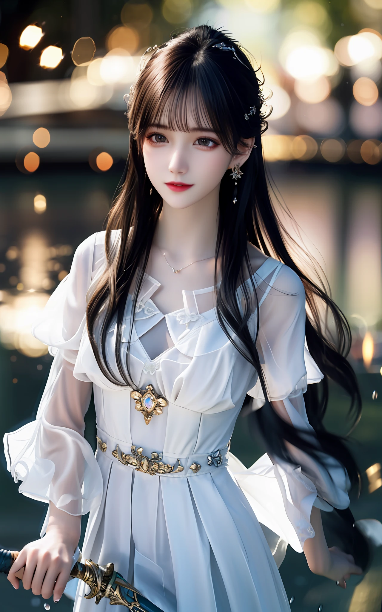 (realisticity: 1.2), best quality,masterpiece,highres,cg,
1girl,weapon,sword,long hair,dress,water,solo,jewelry,white dress,earrings,hair ornament,splashing,upper body,hair bun,black hair,
lighting,candid,Photograph,high resolution,4k,8k,Bokeh,