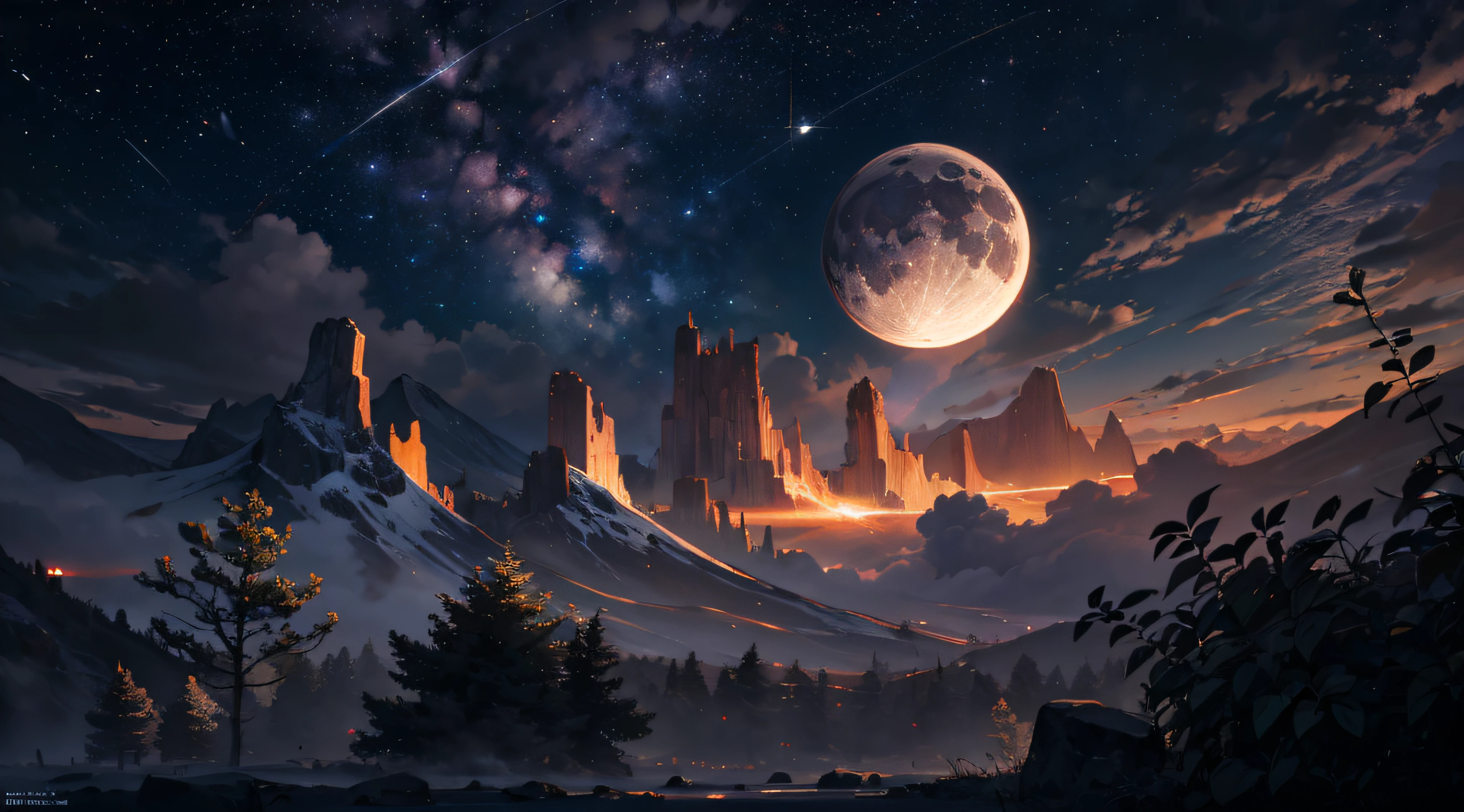 Expansive landscape photograph,(moon full:1.2),(meteors:0.9),(Starcloud:1.3),(Warm light source:1.2),(glowworm:1.2),lamp lights,Lots of purple and orange,Complicated details,Volumetriclighting,Realism BREAK(tmasterpiece:1.2),(best qualtiy),8K,Ultra-detailed,(dynamic compositions:1.4),The is very detailed,Colorful details,(Irridescent color:1.2),(luminouslighting,Atmospheric lighting),dream magical,magical,(独奏:1.2),((best qualtiy)), ((tmasterpiece)), (the detail:1.4),depth of fields,maximum definition and sharpness,perfectly proportions,Fluttering clouds,Wallpapers