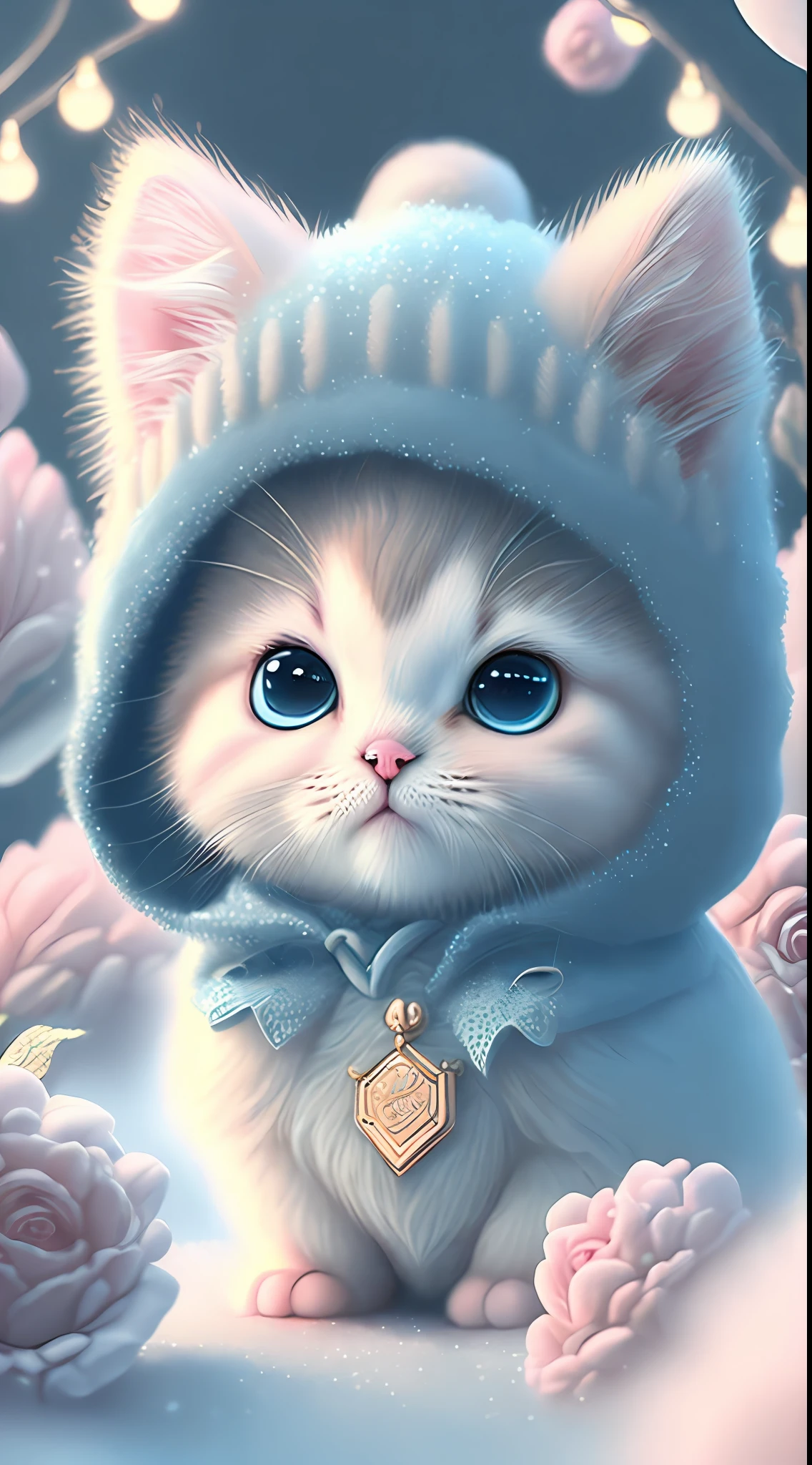 In this ultra-detailed CG art, cute kittens surrounded by ethereal roses, laughter, best quality, high resolution, intricate details, fantasy, cute animals, open mouths, laugh!!