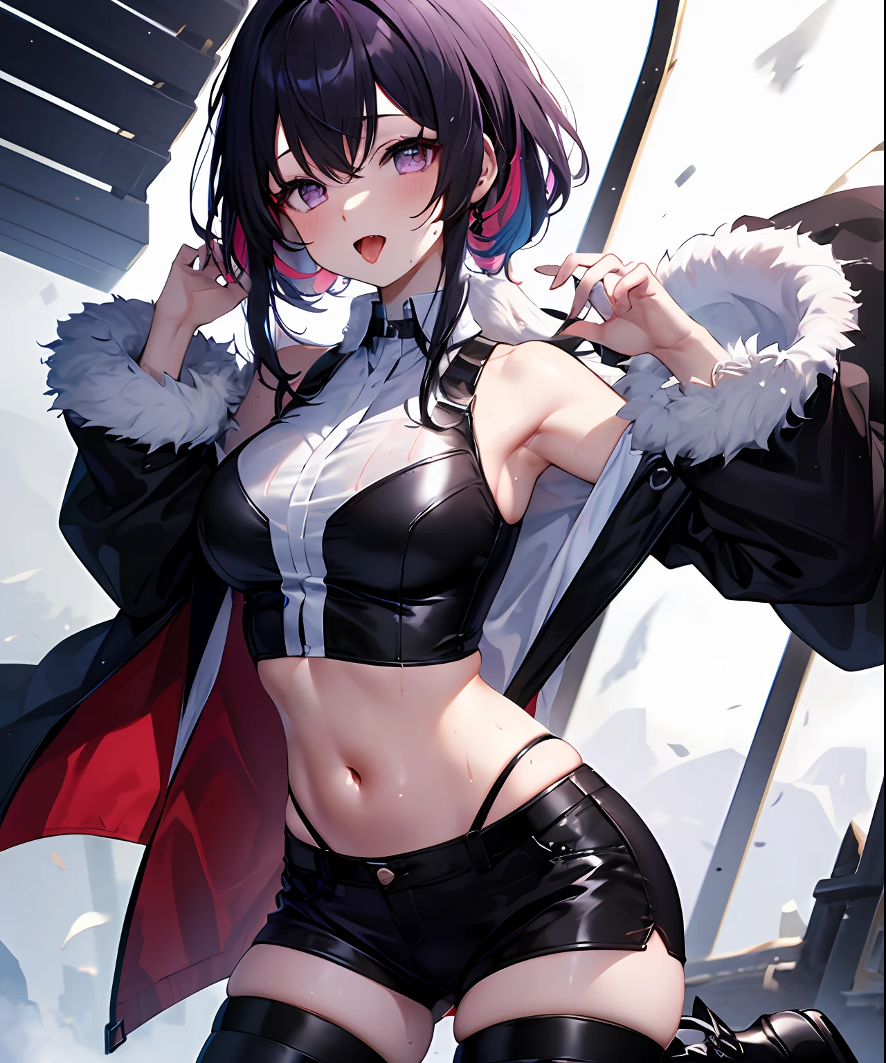 (masterpiece、top-quality)、独奏、1womanl、White skin as clear as snow、Smile with cartoon sperm on the face, Large breasts, Navel,Open mouth, Saliva, tongue, blush, multiple views, Sweat, Navel clothes, Wet, Tongue out、Sheer 、Digital illustration of a person in a jacket and panties preparing for something, Virtual Youtuber, Solo, Jacket, Shirt, multicolored hair, Sleeveless shirt, Black jacket, Black footwear, croptop, Sleeveless, White shirt, Navel, off shoulders, long boots, Full body, Fur trim, Midriff, Standing, White background, Looking at Viewer, striated hair, Black hair, straight-on, Open mouth, sox, Open your clothes, fur-trimmed jacket, Long sleeves, sleeves past wrists, tusk, Purple eyes, Bare shoulders, Collared shirt, Smile,Fantastical、Western-style room、Bedroom、